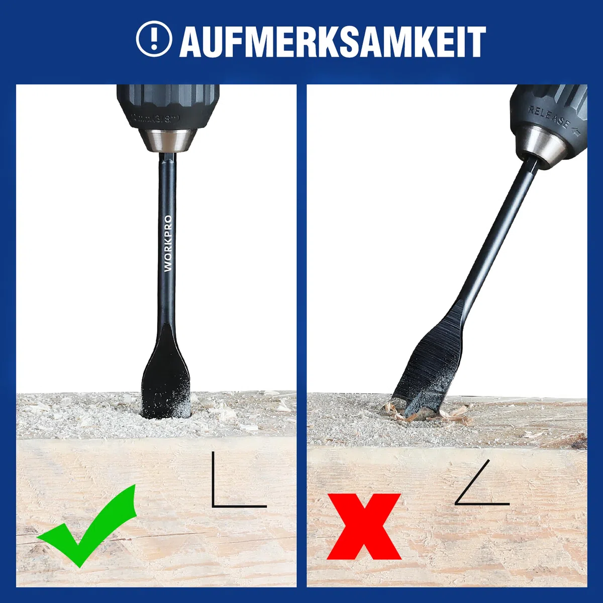 WORKPRO Holzbohrer-Set, flach, Sechskantschaft, Schnellwechsel, 12 mm, 16 mm, 18 mm, 20 mm, 22 mm, 25 mm, 28 mm, 32 mm, 8 Stück