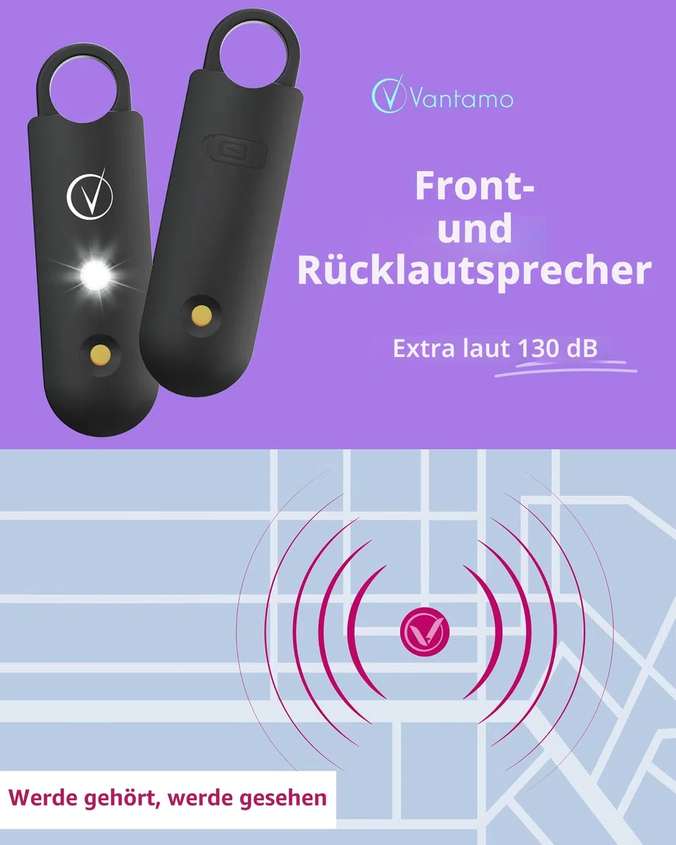 Vantamo Taschenalarm Extra Laut 130dB Mit 2 Lautsprechern Für Selbstverteidigung Frauen, Hell Taschenlampe & Batteriewarnung, Alarm Für Frauen Unterwegs Mit Schlüsselanhänger