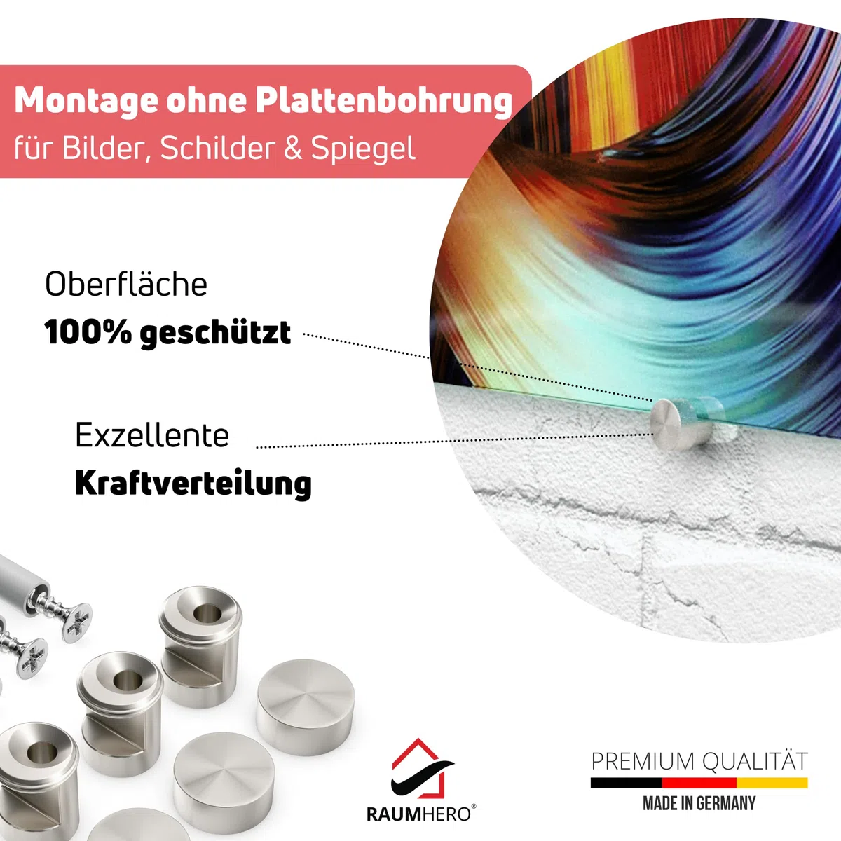 Raumhero Glasklemme Edelstahl (Komplettset 4 Stk.) - Universell für Plattenstärke 2,5-6mm - Klemmbefestigung für Glasbild, Alu Dibond, Spiegelhalterung & Spritzschutz Befestigung (5 mm Wandabstand)