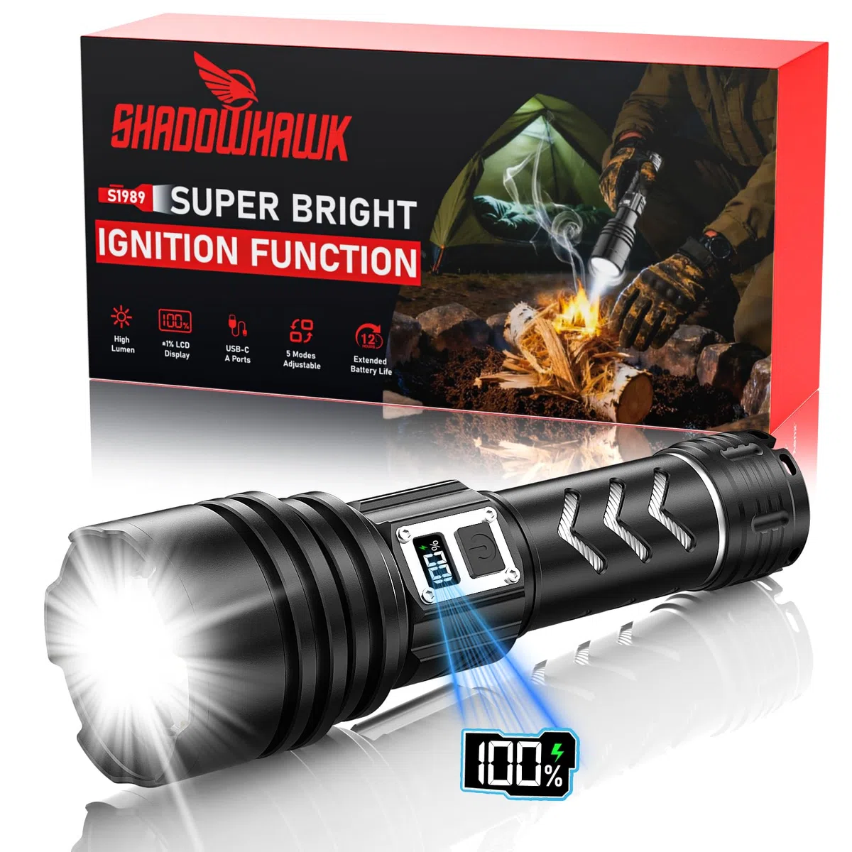 Shadowhawk Taschenlampe Led Aufladbar 1,000,000 LM - 50W Taktische Taschenlampe Extrem Hell, 1000m Weitschuss & 12H Laufzeit, IP67 LCD-Display flashlight für Survival/Outdoor/Camping, Mit Zündfunktion
