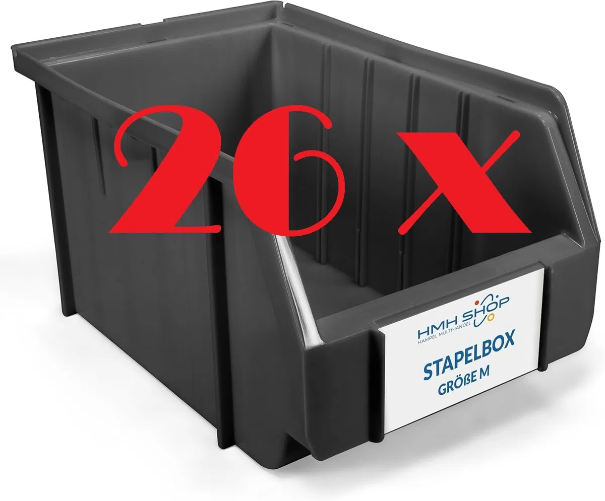 HMH 26x Stapelboxen Größe M Werkstatt Garage Keller Sichtlagerboxen 230x150x130mm Lagerboxen ANTHRAZIT Sichtlagerkästen Kleinteile Aufbewahrung