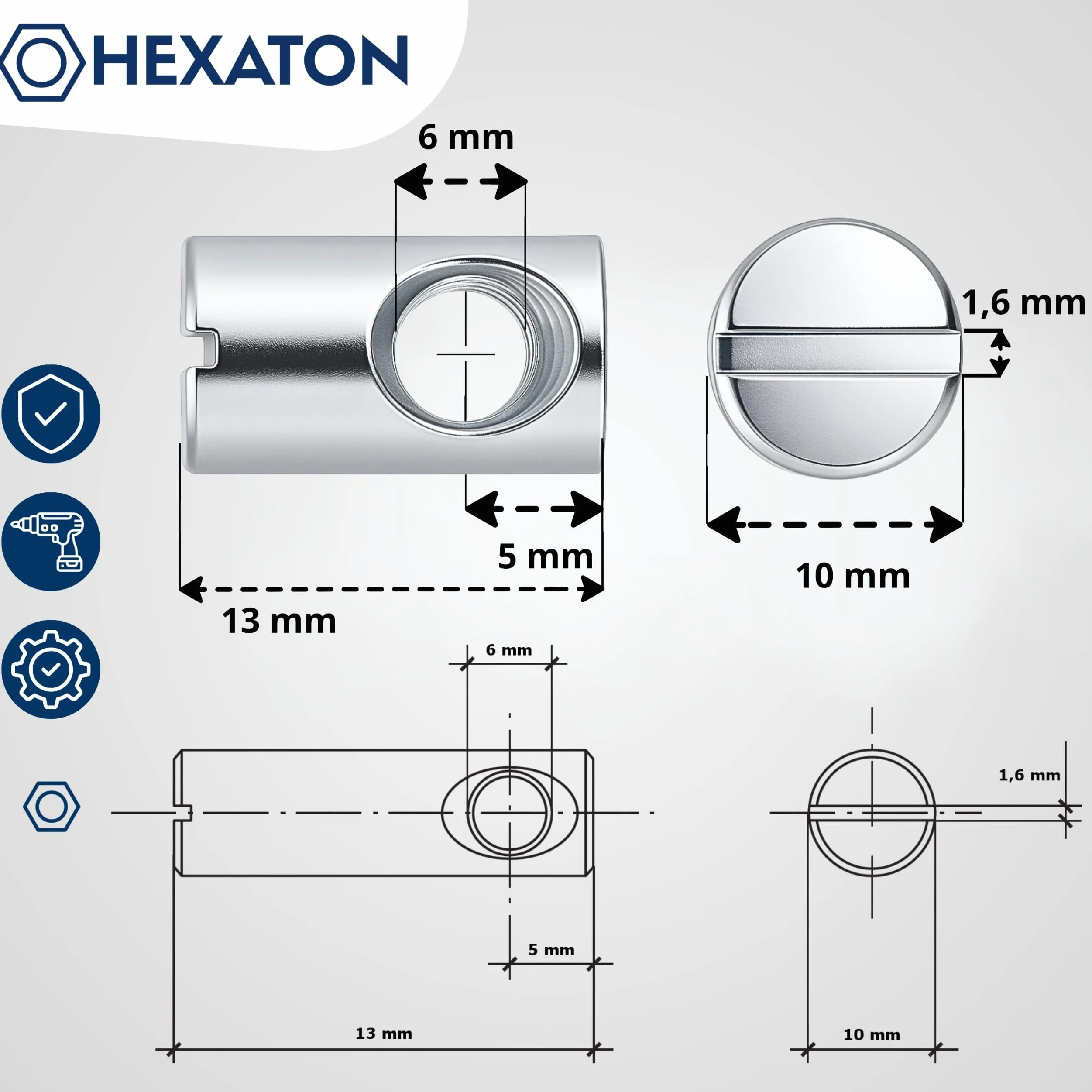 HEXATON Asymmetrisch Quermutterbolzen Kreuzdübel Zylindermuttern - M6 x 10 x 13 mm - 50 Stück - Stahl Verzinkt