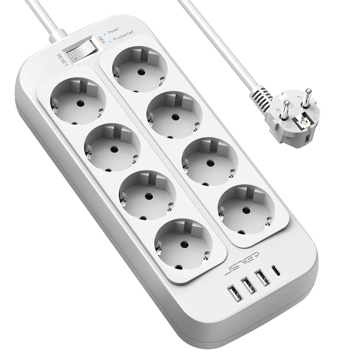 JSVER Steckdosenleiste 8 Fach mit 4 USB Ladeanschlüsse, Mehrfachsteckdose mit USB C, Wandmontage(3680W) Überspannungsschutz mit 2M Kabel Steckerleiste für Smartphones, Laptop-Weiß