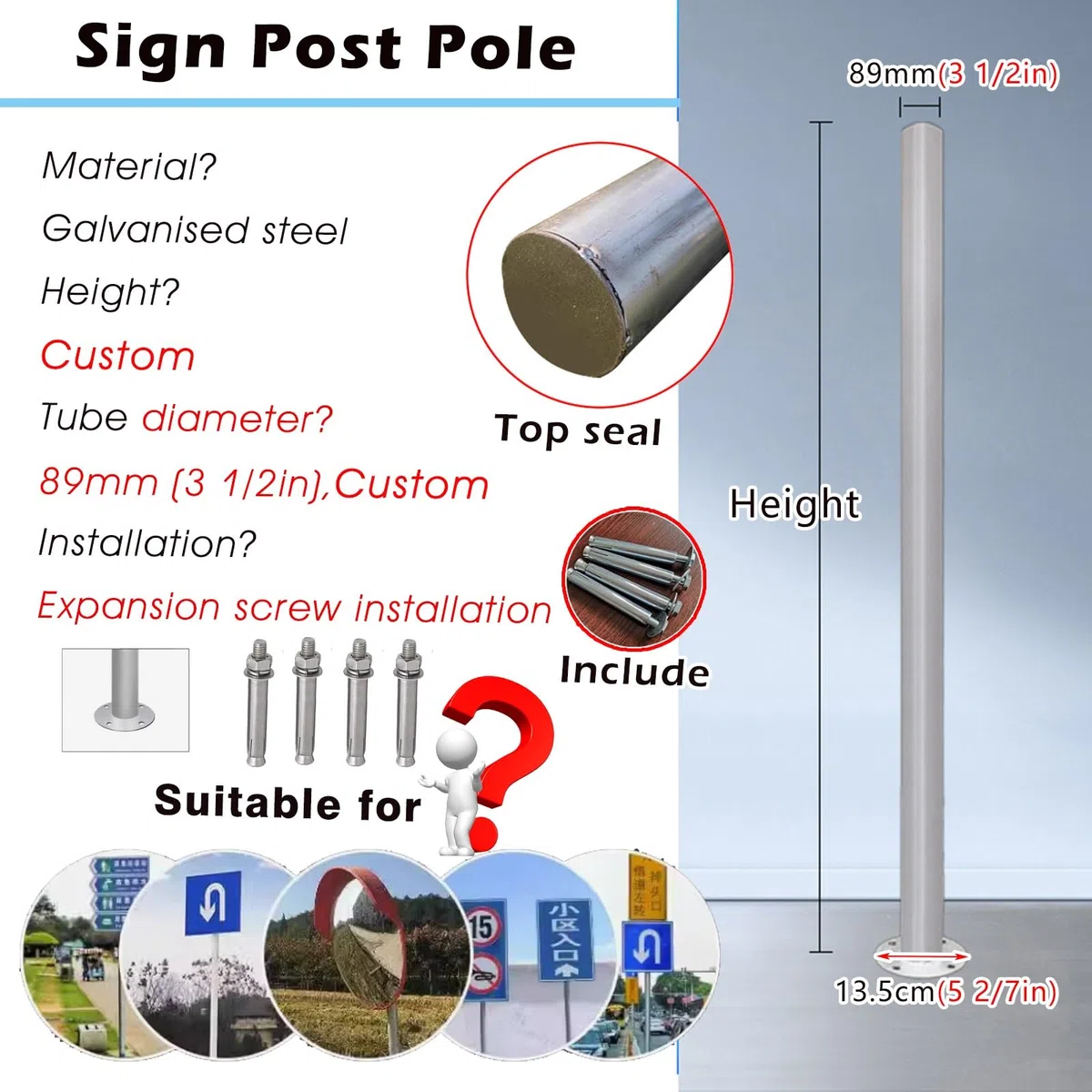 Parkplatzschild, Pfosten, Straßenschild, Stange für gewerbliche und private Nutzung, einfache Installation, 10,2 cm Durchmesser, perfekt für direkte und Stoppschilder, 230 cm hoch