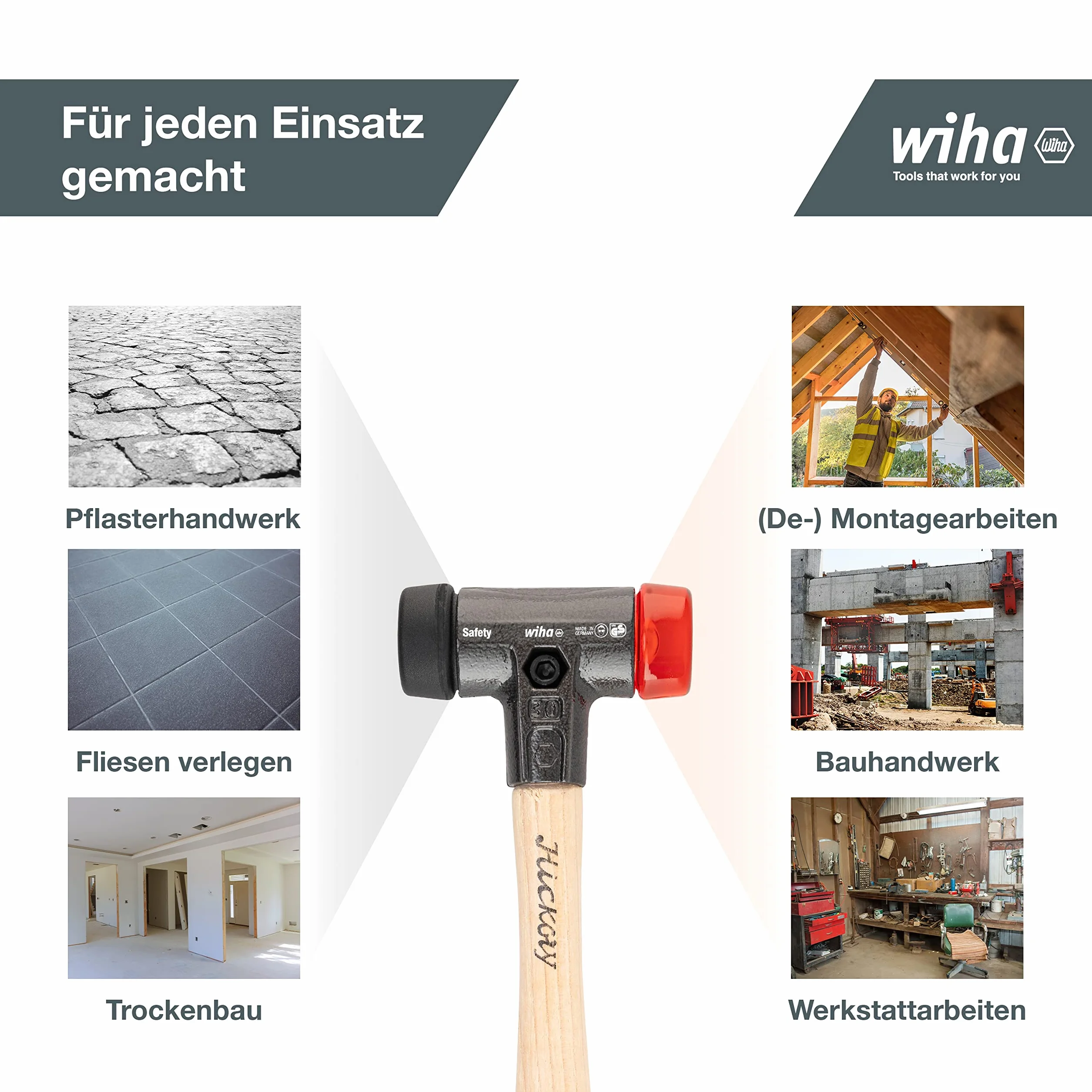 Wiha Schonhammer Safety mittelweich und hart (26612) I Gummihammer mit hochwertigem Hickory Holzstiel I Rund-Schlagkopf 40mm