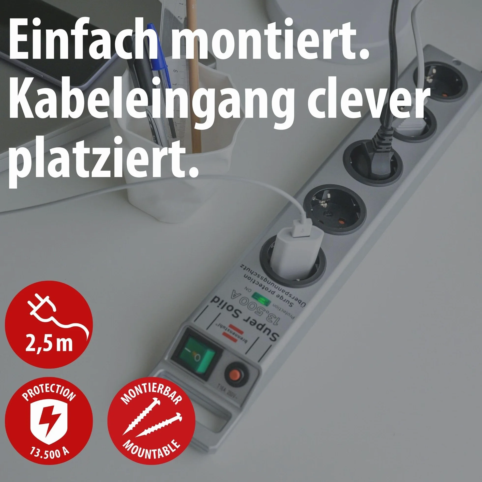 Brennenstuhl Super-Solid, Steckdosenleiste 5-Fach mit Überspannungsschutz (Mehrfachsteckdose mit 2,5m Kabel und Schalter - aus bruchfestem Polycarbonat) Silber