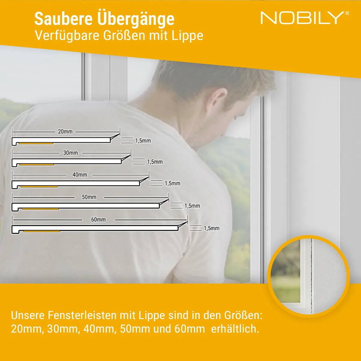 NOBILY Fensterleiste 20mm mit Lippe / 5 Meter/PVC - selbstklebend Flachleisten Kunststoffleisten Profileleisten Abschlussleisten Zierleisten zur Fenster Montage