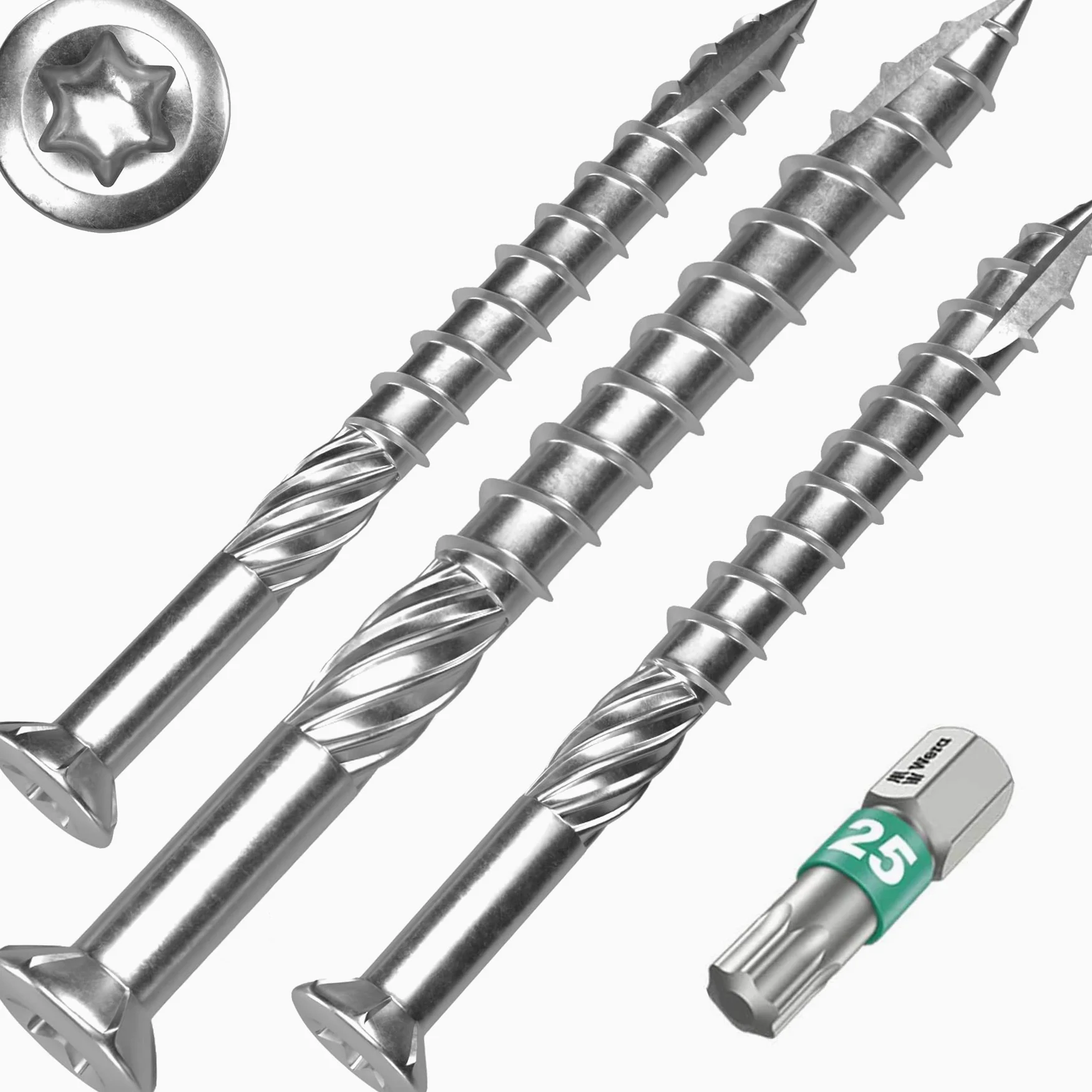 Terrassenschrauben 5 x 80 T-INOX 100 Stück Edelstahl gehärtet C1, Torx 25, inkl. Edelstahl Bit