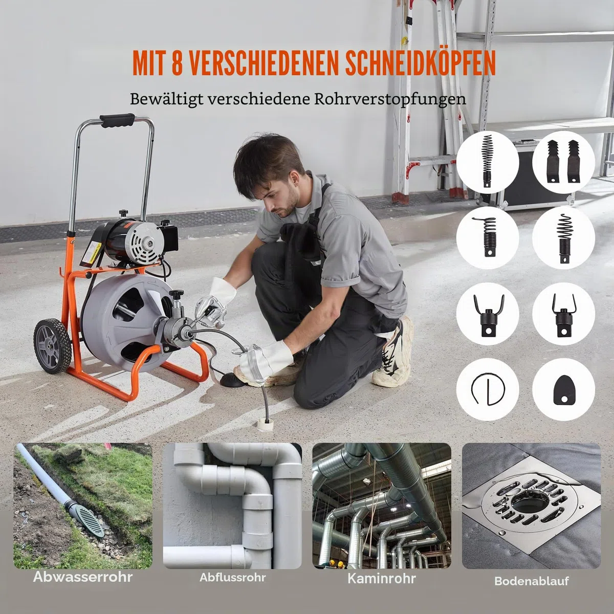 VEVOR Rohrreinigungsmaschine 23 m x 9,5 mm, automatische Rohrreinigungsspirale mit Rädern, tragbare Rohrreinigungsmaschine mit 8 Schneidern und luftaktiviertem Fußschalter für 5,08 bis 10,16 cm Rohre