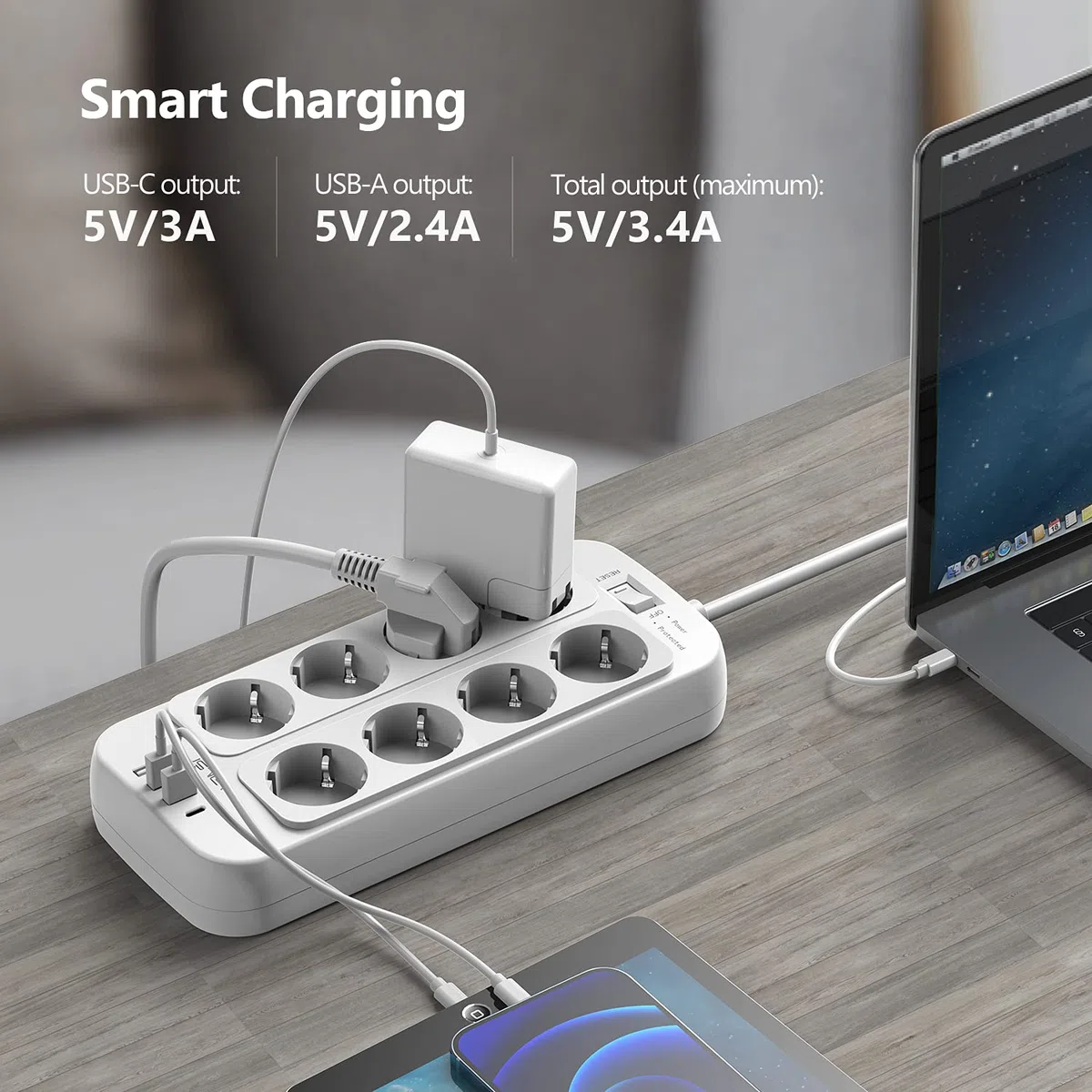 JSVER Steckdosenleiste 8 Fach mit 4 USB Ladeanschlüsse, Mehrfachsteckdose mit USB C, Wandmontage(3680W) Überspannungsschutz mit 2M Kabel Steckerleiste für Smartphones, Laptop-Weiß