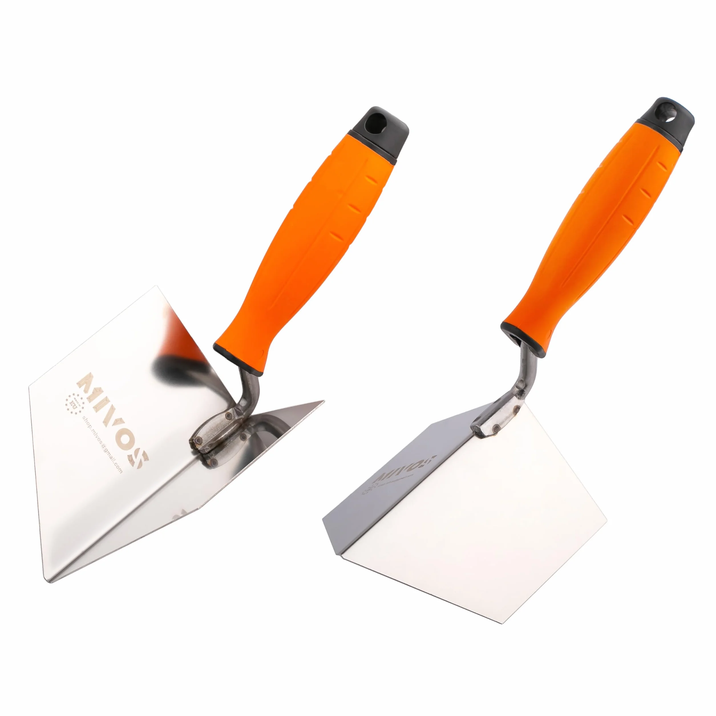 Mivos 2 x Eckenkelle Rostfreie 125 x 75 mm - Inneneckenkelle und Außeneckenkelle aus Edelstahl - Innen und Außen Kantenkelle mit Softgriff - Eckspachtel Made in EU
