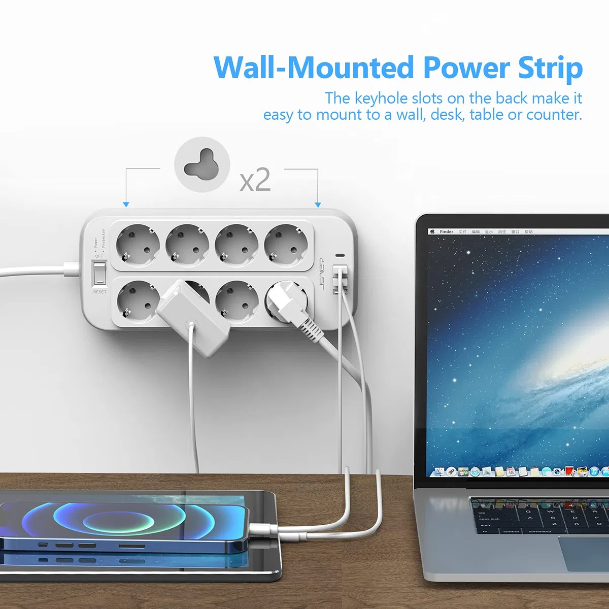 JSVER Steckdosenleiste 8 Fach mit 4 USB Ladeanschlüsse, Mehrfachsteckdose mit USB C, Wandmontage(3680W) Überspannungsschutz mit 2M Kabel Steckerleiste für Smartphones, Laptop-Weiß