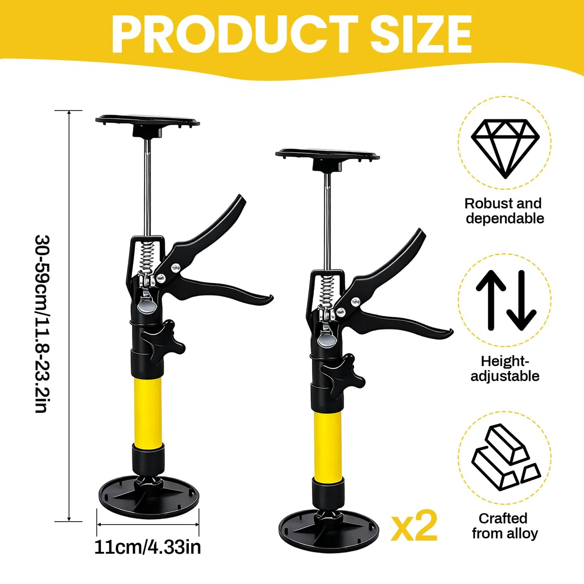 2 Stück Deckenstütze, Teleskopstützen Einhandstütze Montagestütze Verstellbare Länge und Neigungswinkel Türspanner Teleskopstange 50 kg Zargenspanner Dehnen 30-59 cm