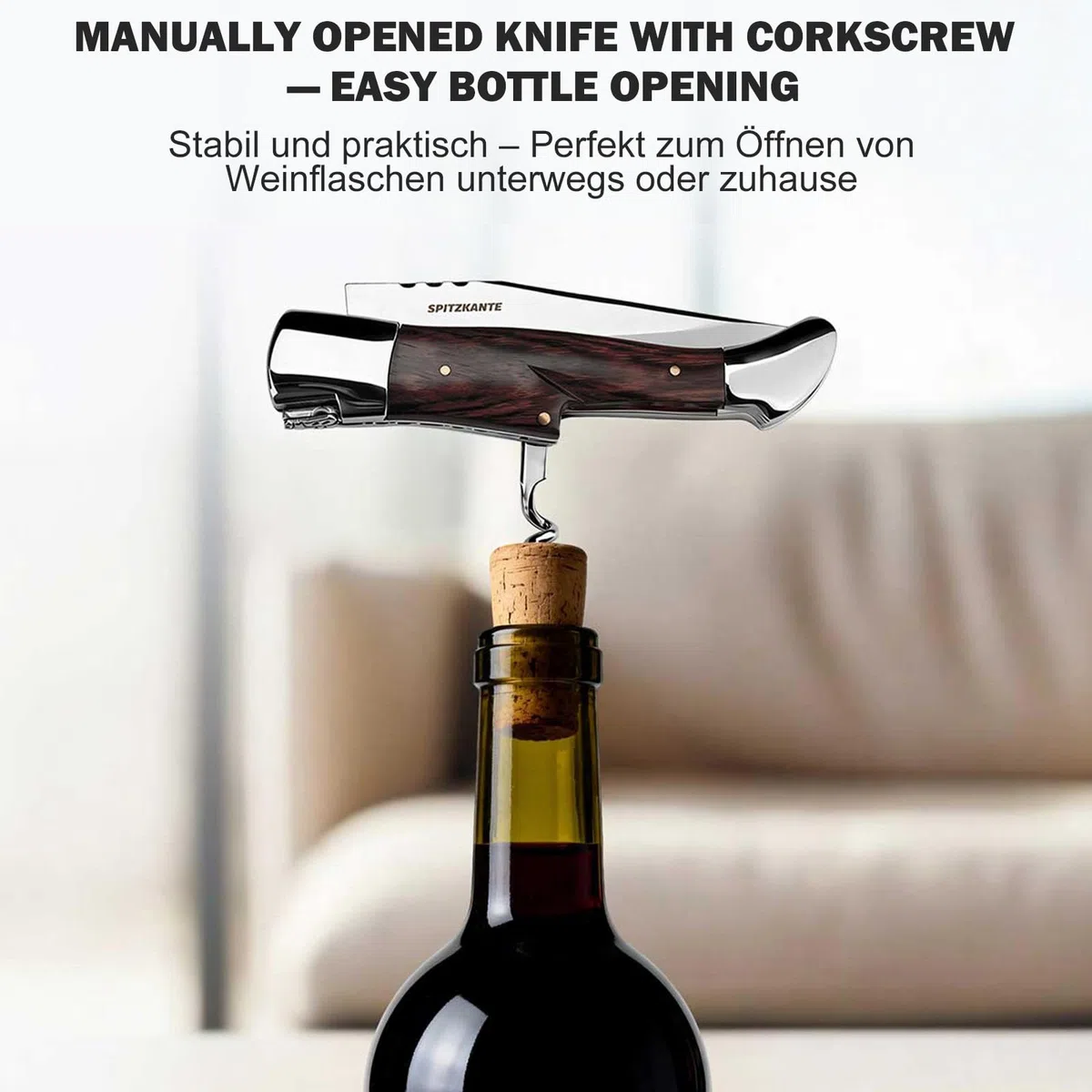 Taschenmesser 42a-konform, Zweihandmesser mit Korkenzieher, sicherem Liner Lock und Holzgriff, EDC Klappmesser für Camping und Wandern