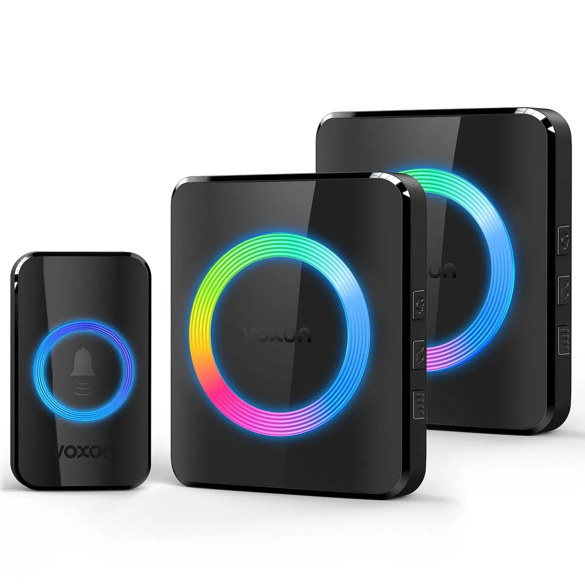 VOXON Funkklingel, 400m Reichweite Kabellose Türklingel Funk Set mit 2 Plug-In-Empfängern und 1 Sender, IP65 Wasserdicht Klingel Haustür für Außenbereich, 60 Melodien Doorbell, RGB-Licht(Schwarz)