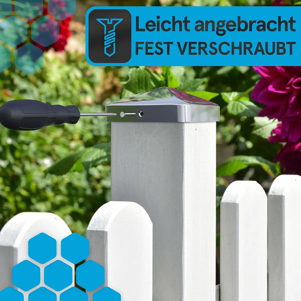 10x Pfostenkappen 7x7cm Edelstahl [Perfekter Schutz] inkl. Edelstahl Schrauben - Rostfreie Abdeckkappen für Zaunpfosten Kappen für Holzpfosten, massive Pfostenabdeckung