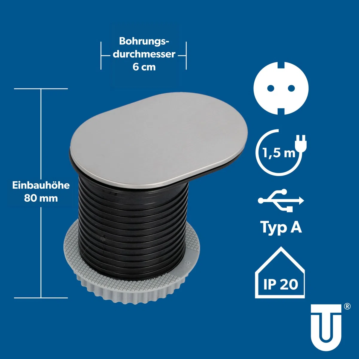 UNITEC Einbausteckdose für Tischplatte, Tischsteckdose, 1xSchuko + 1xUSB, Schutz durch Deckel zum Schieben aus Edelstahl, Kabel 1,5 m, Erforderlicher Bohrungsdurchmesser: 60 mm