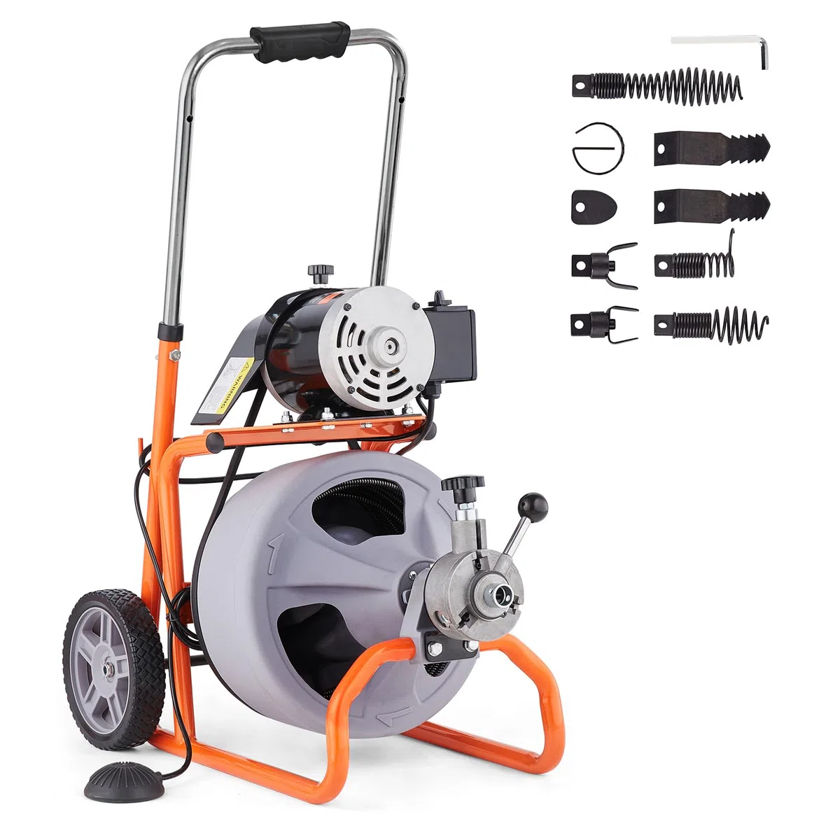 VEVOR Rohrreinigungsmaschine 23 m x 9,5 mm, automatische Rohrreinigungsspirale mit Rädern, tragbare Rohrreinigungsmaschine mit 8 Schneidern und luftaktiviertem Fußschalter für 5,08 bis 10,16 cm Rohre