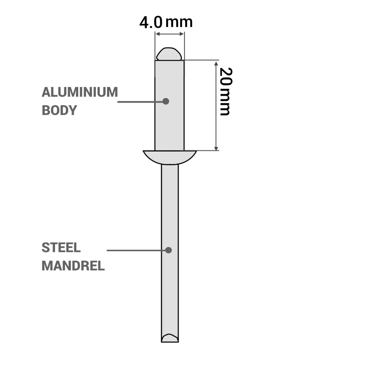 SKIR'CO (400 Stück) Aluminium Blindnieten 4,0 x 20 mm Stahldorn Popnieten Kuppelkopf DIN 7337 Nieten