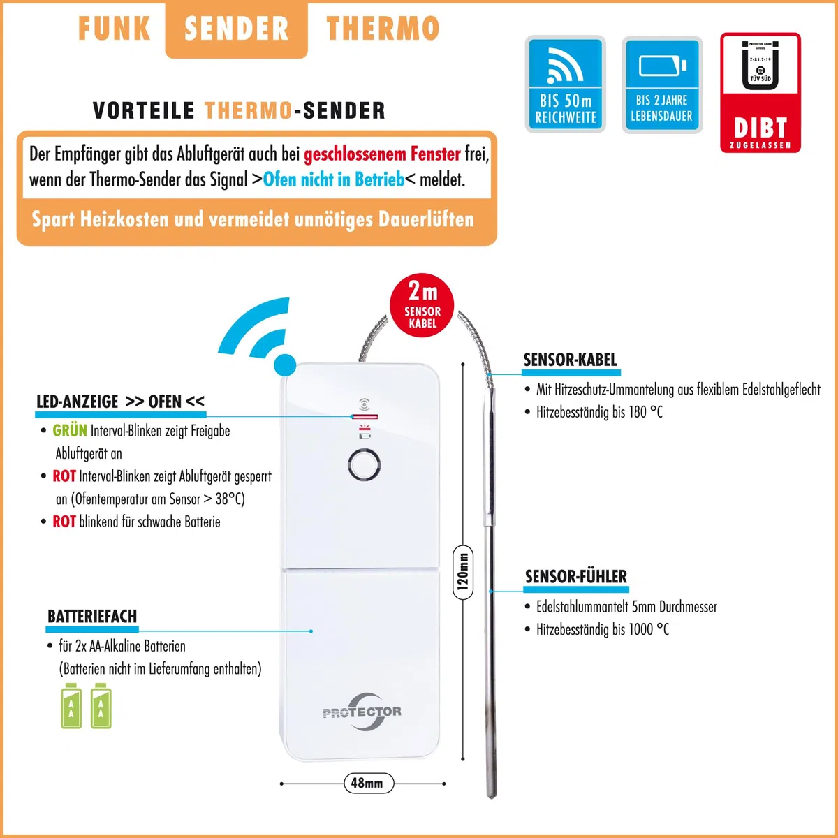 PROTECTOR AS-7030, Funk Abluftsteuerung mit DIBT Zulassung inkl. Funk-Thermosender für Kamin oder Ofen. Der sichere Fensterkontaktschalter, Erweiterbar mit Funk Rollladen-Sender