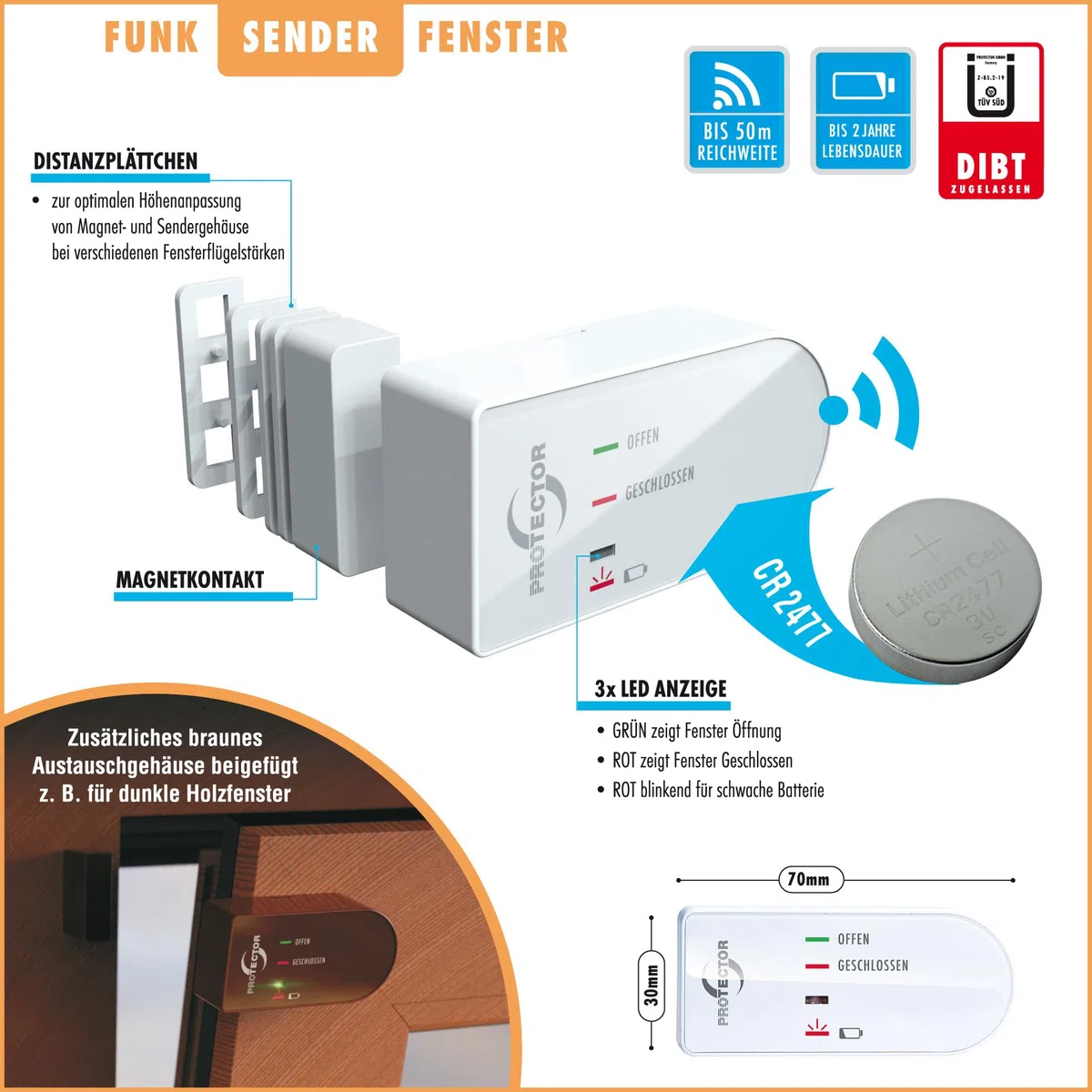 PROTECTOR AS-7030, Funk Abluftsteuerung mit DIBT Zulassung inkl. Funk-Thermosender für Kamin oder Ofen. Der sichere Fensterkontaktschalter, Erweiterbar mit Funk Rollladen-Sender