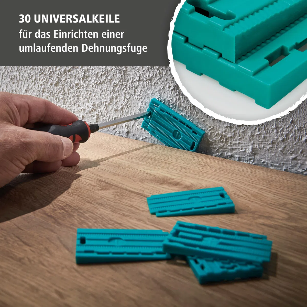 wolfcraft Geling-Set zum Laminat- und Designboden verlegen I 6975000 I Zugeisen, Schlagholz und 30 Universalkeile I fugenfreies Ausrichten von Dielen