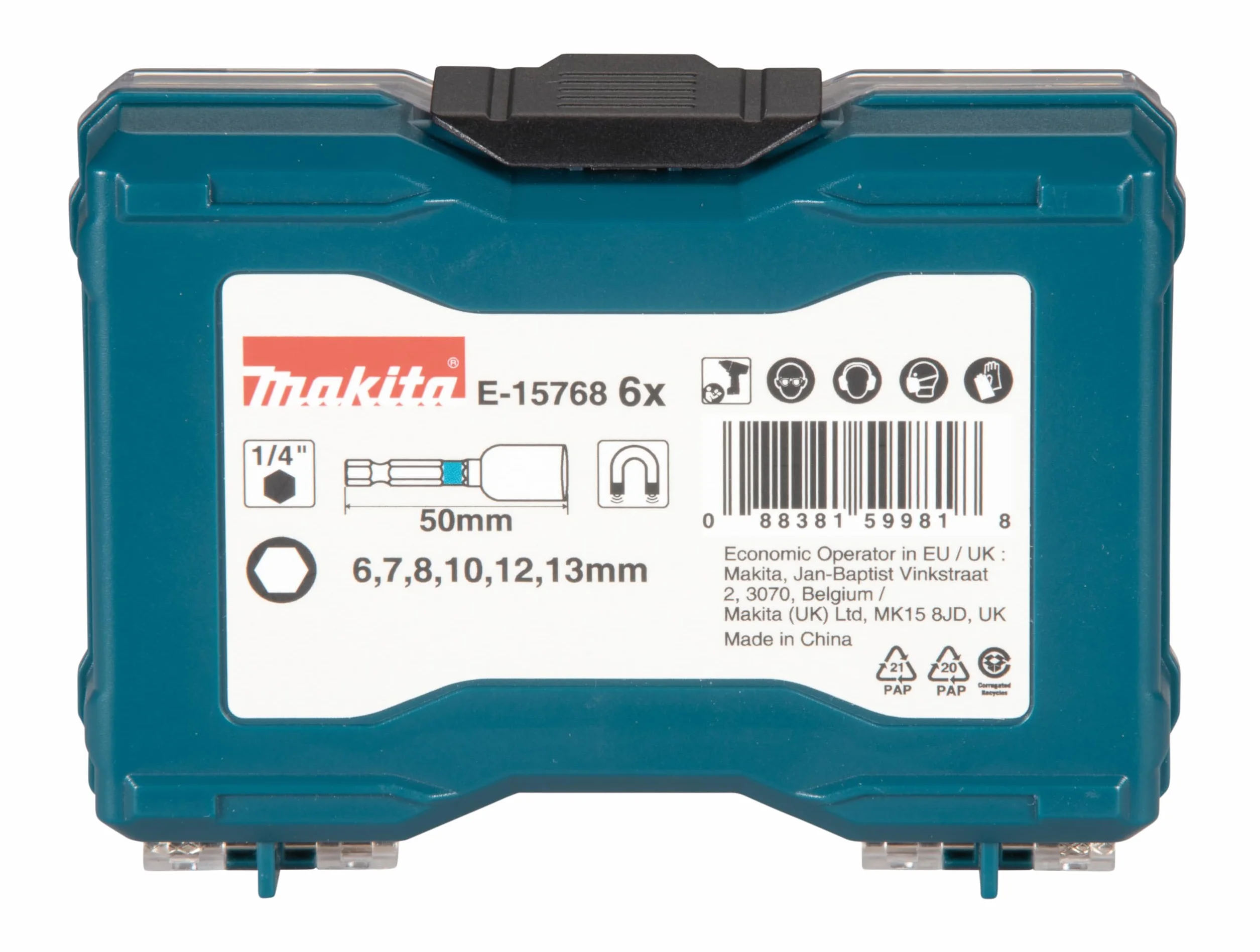 Makita E-15768 Impact Black Steckschlüssel-Set 6-teilig in Aufbewahrungbox, SW6 - SW13, magnetisch, Steckschlüssel 50 mm lang