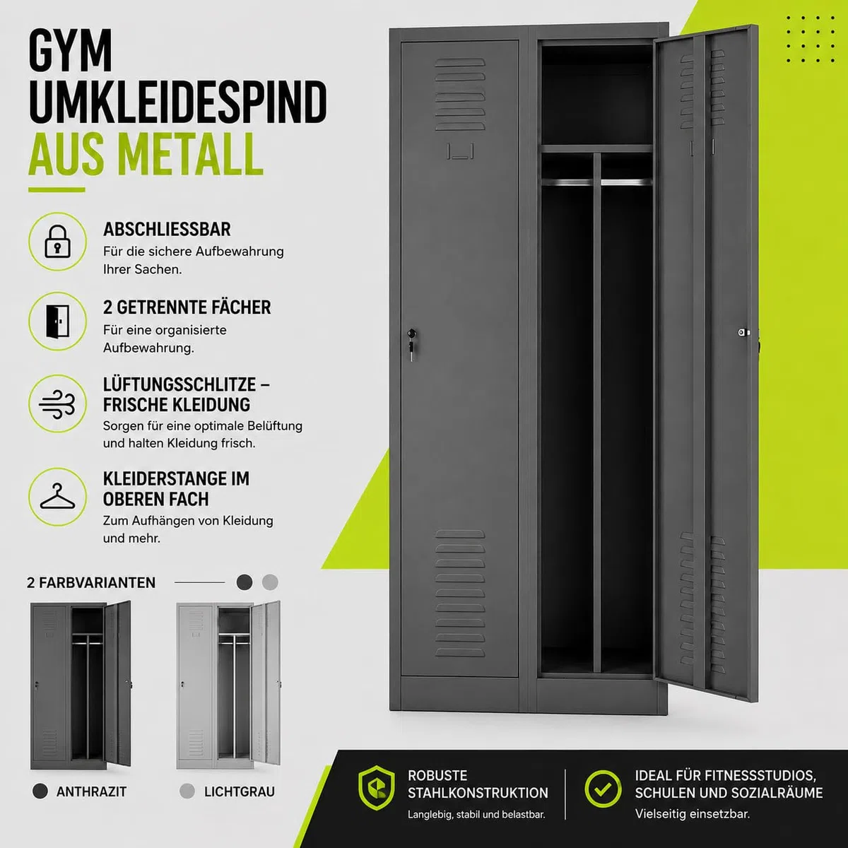 Muralo Spind Schrank mit 2 Abteilen, Abschließbar, Metall - Anthrazit