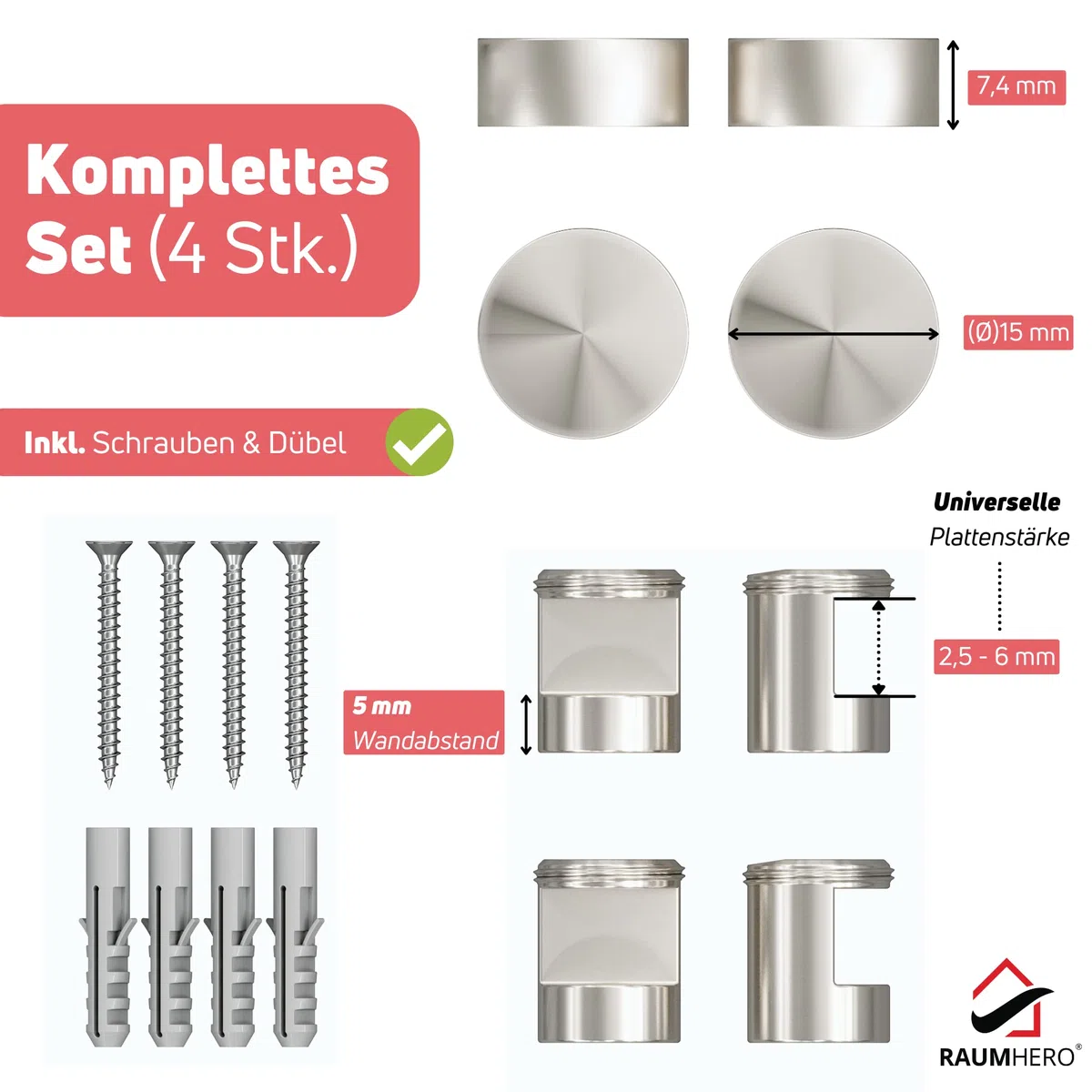 Raumhero Glasklemme Edelstahl (Komplettset 4 Stk.) - Universell für Plattenstärke 2,5-6mm - Klemmbefestigung für Glasbild, Alu Dibond, Spiegelhalterung & Spritzschutz Befestigung (5 mm Wandabstand)
