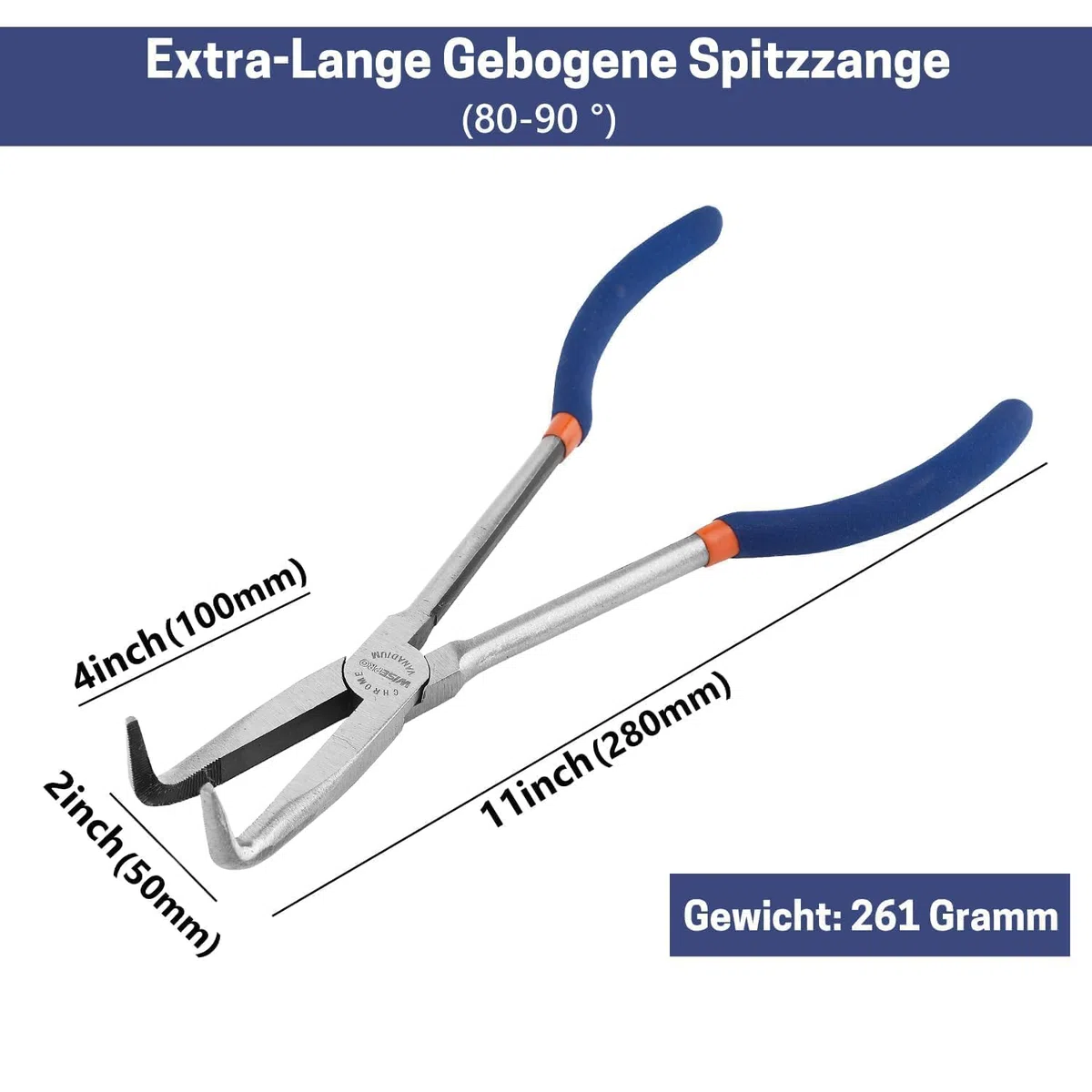 Spitzzange mit langer Reichweite,279 mm Lange,gebogene, mit gezackten Zähnen,Langnasenzange für enge & schwer zugängliche Bereiche,mit rutschfestem Griff(90-Grad-Winkel)