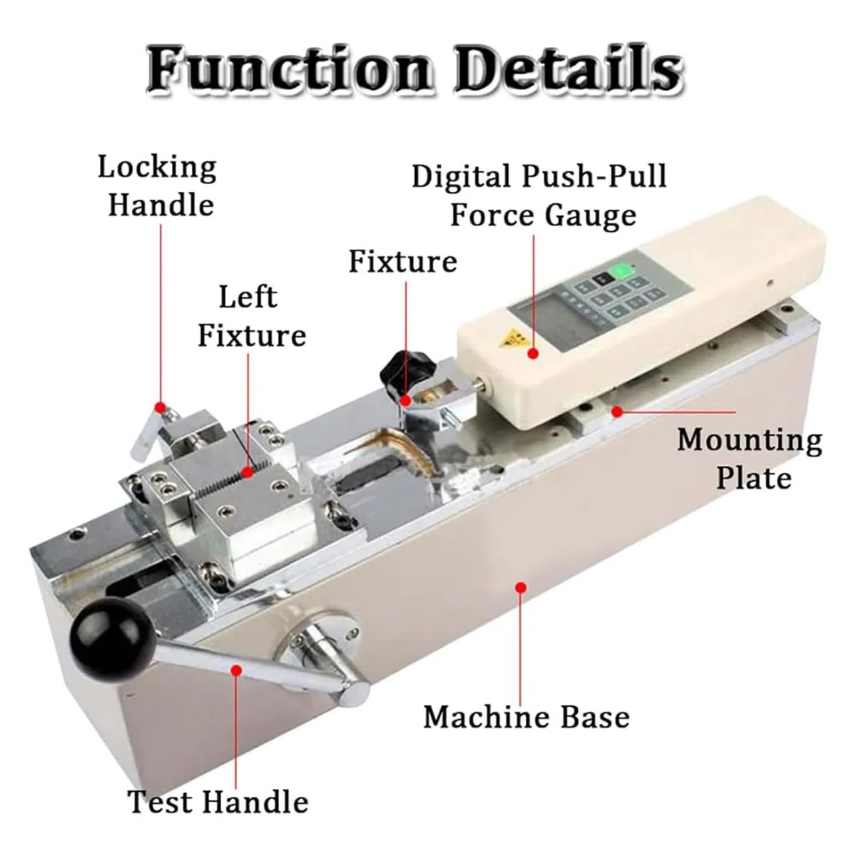 Zugprüfmaschine, manuelles horizontales digitales Push-Pull-Messgerät mit 5 Sonden, 150 mm Hub, radgetriebener manueller Prüfstand