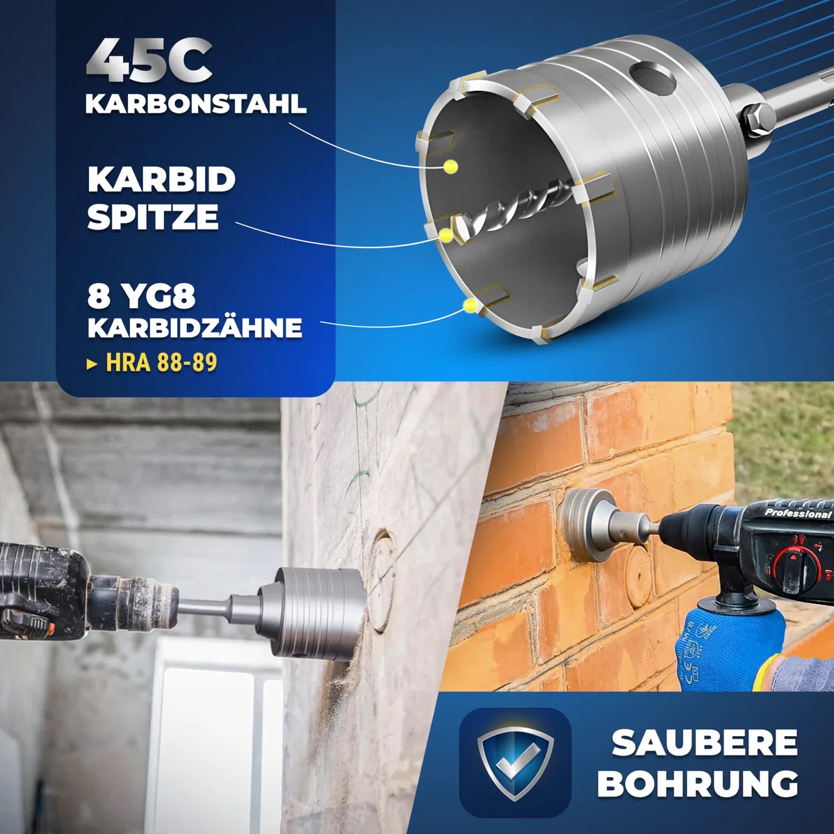 S&R Hohl-Bohrkrone Set Ø 68mm mit SDS plus Adapter 110mm und Zentrierbohrer 8x110mm, Steckdosen Bohrkrone 68mm, Hammerschlagfest, Dosenbohrer, Lochsäge, Steckdosenbohrer, für Bohrhämmer