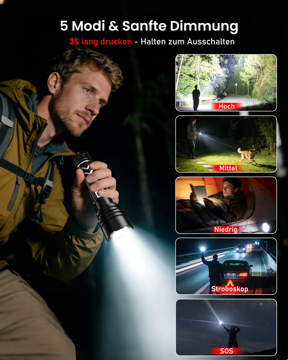 Shadowhawk Taschenlampe Led Aufladbar 1,000,000 LM - 50W Taktische Taschenlampe Extrem Hell, 1000m Weitschuss & 12H Laufzeit, IP67 LCD-Display flashlight für Survival/Outdoor/Camping, Mit Zündfunktion