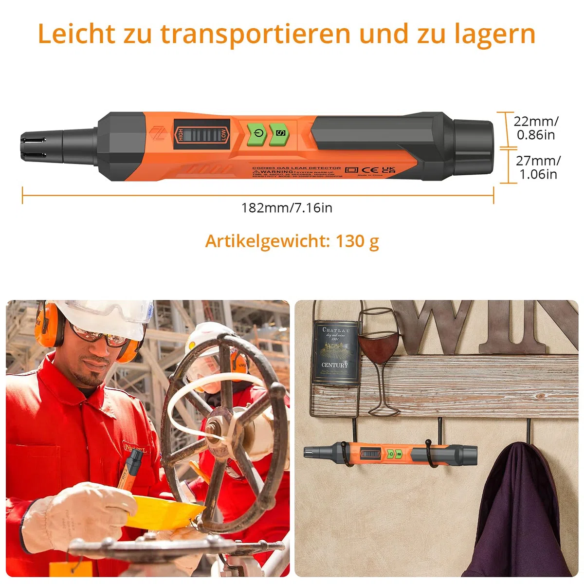 Neoteck Gasleckdetektor Erdgasdetektor mit akustischem und optischem Alarm, Tragbarer Gasdetektor zur Lokalisierung von brennbaren Gasleckquellen wie Methan, Propan für zu Hause