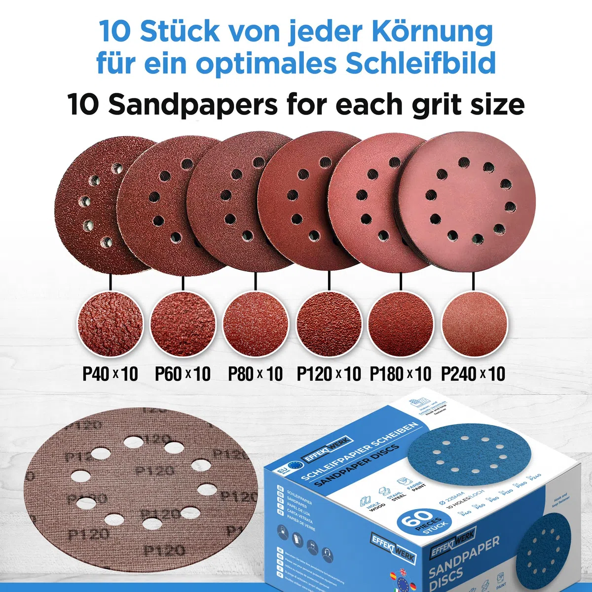 Schleifpapier 225mm Klett - 60 Stück - Profi Schleifscheiben für Trockenbauschleifer Schleifgiraffe Langhalsschleifer - 10 Loch - rund - mit Körnung 10x P40 P60 P80 P120 P180 P240