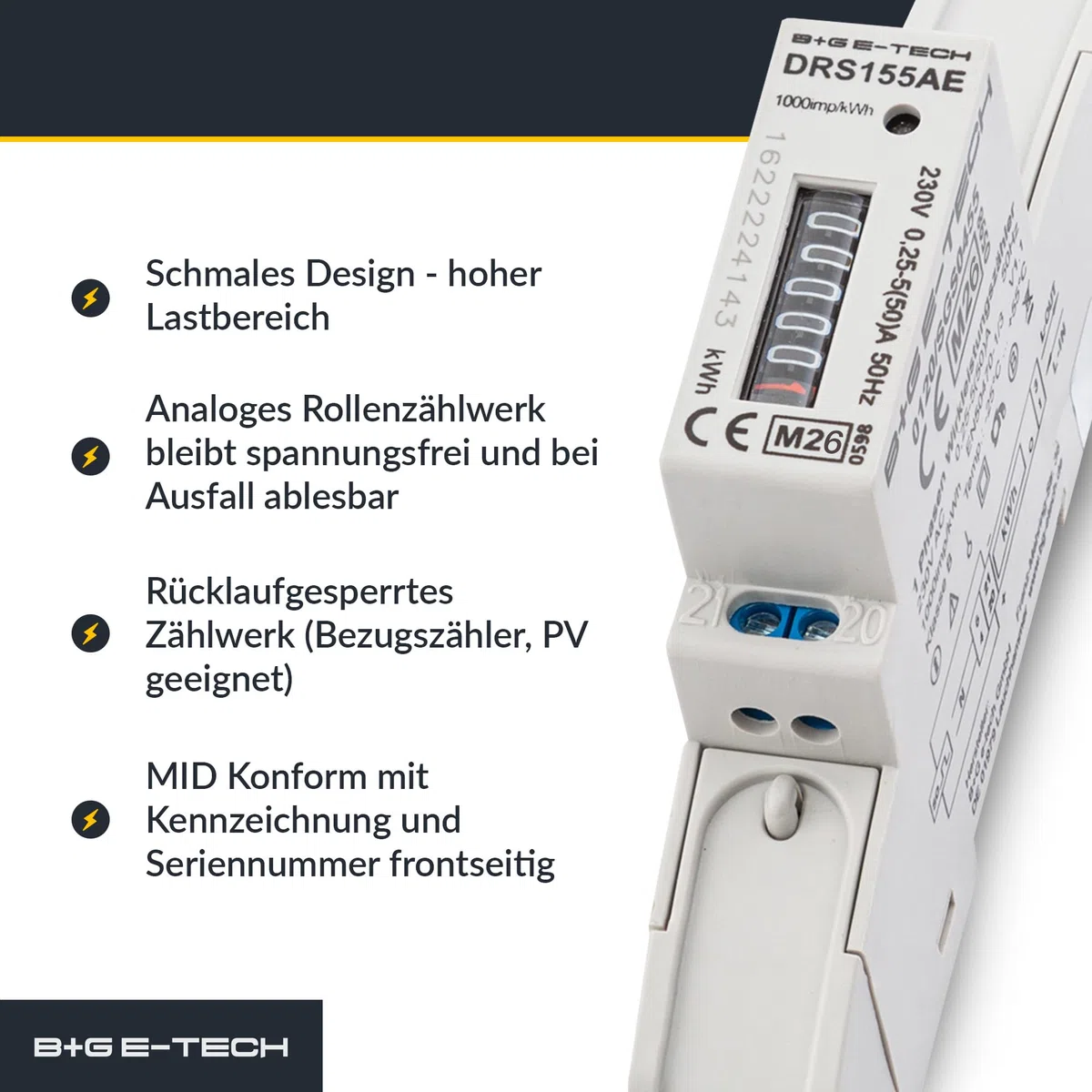 1-Phasen Wechselstromzähler [DRS155AE - MID 26] - LCD Digitaler Wechselstromzähler für Hutschiene, 1-Phasen Stromzähler Wattmeter mit Leistungsanzeige, S0, 1 TE, 230V 50A