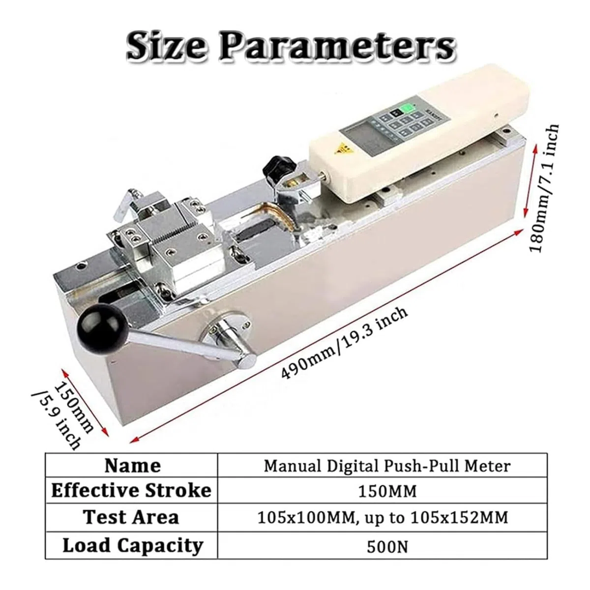 Zugprüfmaschine, manuelles horizontales digitales Push-Pull-Messgerät mit 5 Sonden, 150 mm Hub, radgetriebener manueller Prüfstand