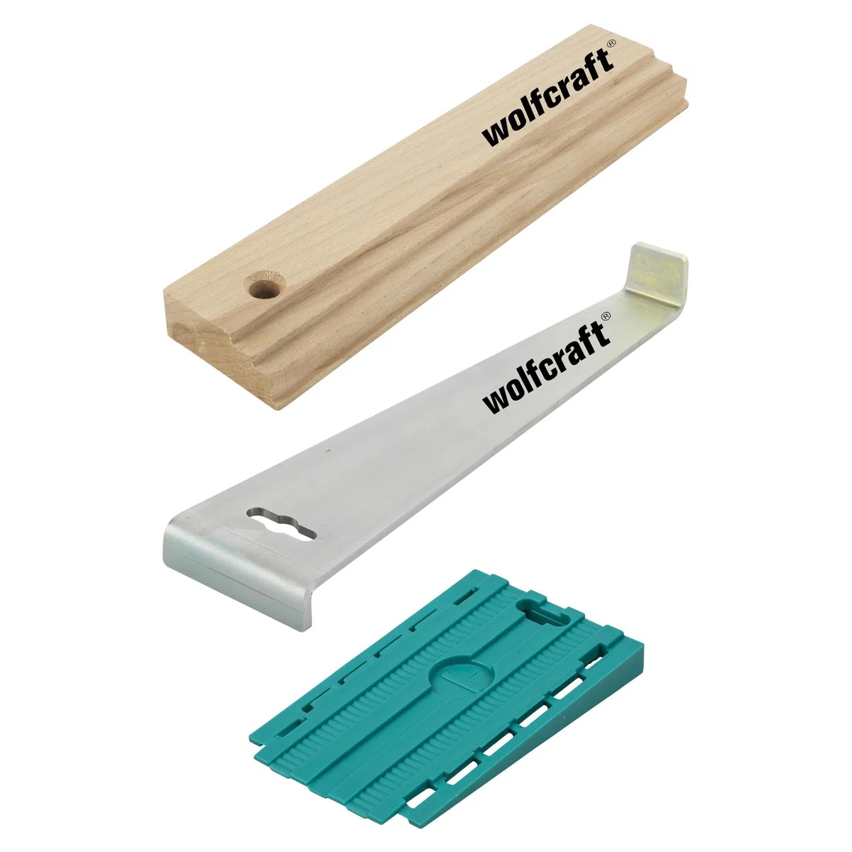 wolfcraft Geling-Set zum Laminat- und Designboden verlegen I 6975000 I Zugeisen, Schlagholz und 30 Universalkeile I fugenfreies Ausrichten von Dielen