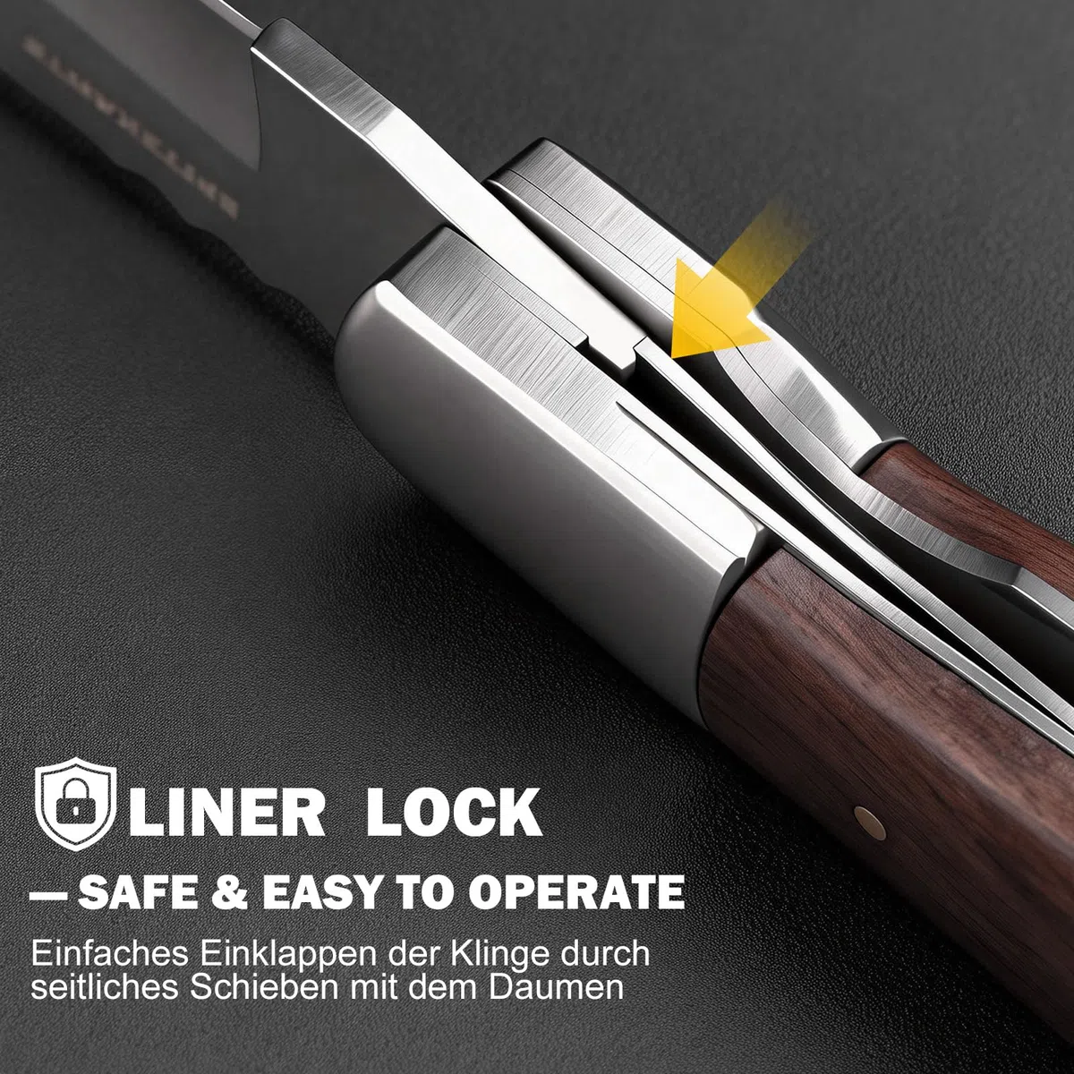 Taschenmesser 42a-konform, Zweihandmesser mit Korkenzieher, sicherem Liner Lock und Holzgriff, EDC Klappmesser für Camping und Wandern