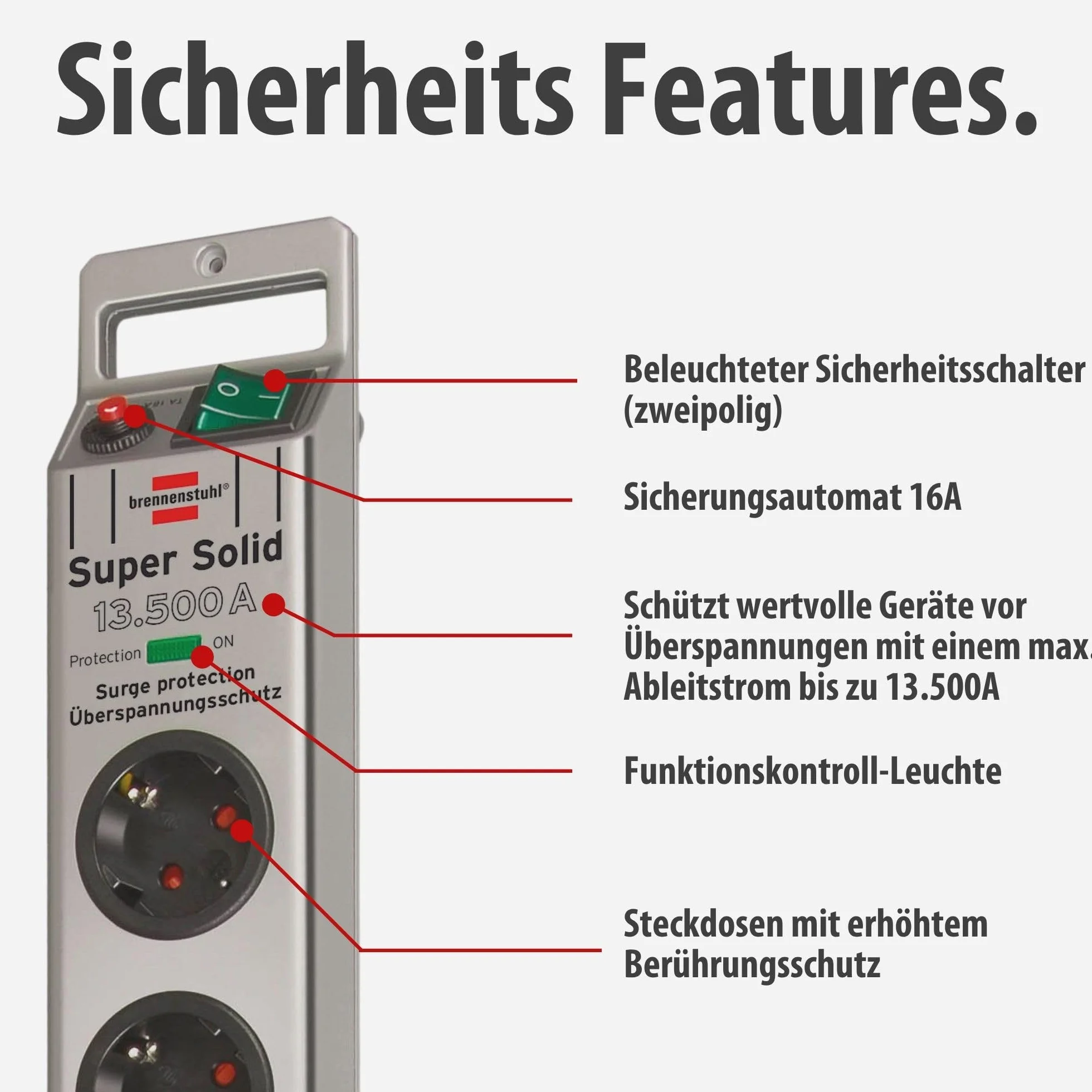 Brennenstuhl Super-Solid, Steckdosenleiste 5-Fach mit Überspannungsschutz (Mehrfachsteckdose mit 2,5m Kabel und Schalter - aus bruchfestem Polycarbonat) Silber