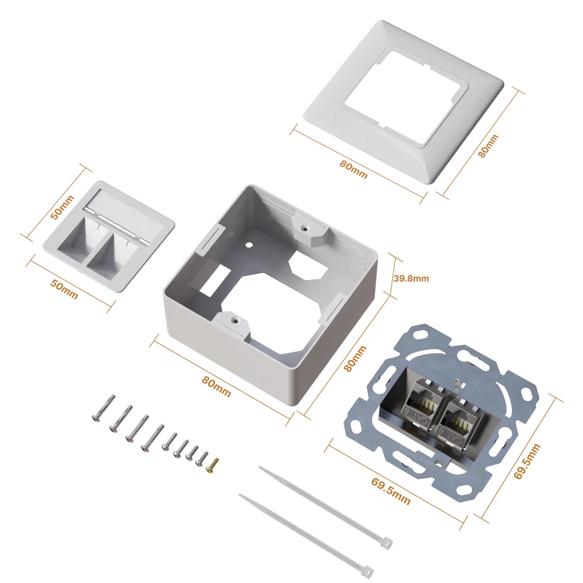 CAT8.1 Universal Netzwerkdose, 40 Gbit/s Ethernet, Aufputz oder Unterputz, 2x RJ45 Keystone geschirmt, EIA/TIA-568-A/B 8P8C, Abwärtskompatibel zu CAT8, CAT7, CAT6a, CAT6, CAT5e, CAT5 …, weiß