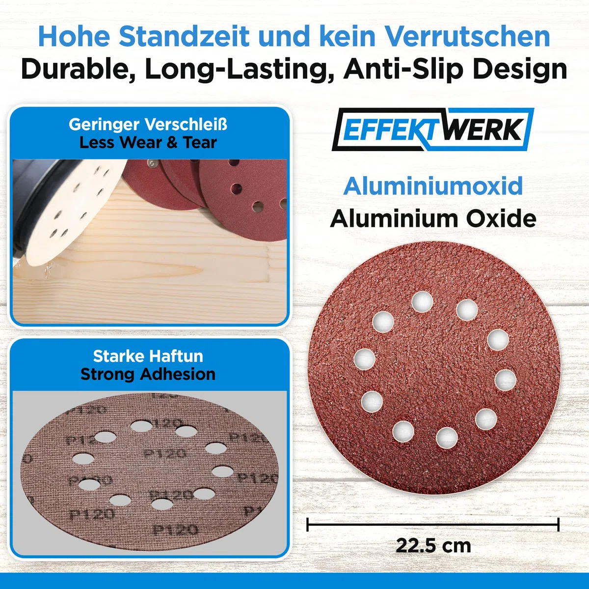 Schleifpapier 225mm Klett - 60 Stück - Profi Schleifscheiben für Trockenbauschleifer Schleifgiraffe Langhalsschleifer - 10 Loch - rund - mit Körnung 10x P40 P60 P80 P120 P180 P240