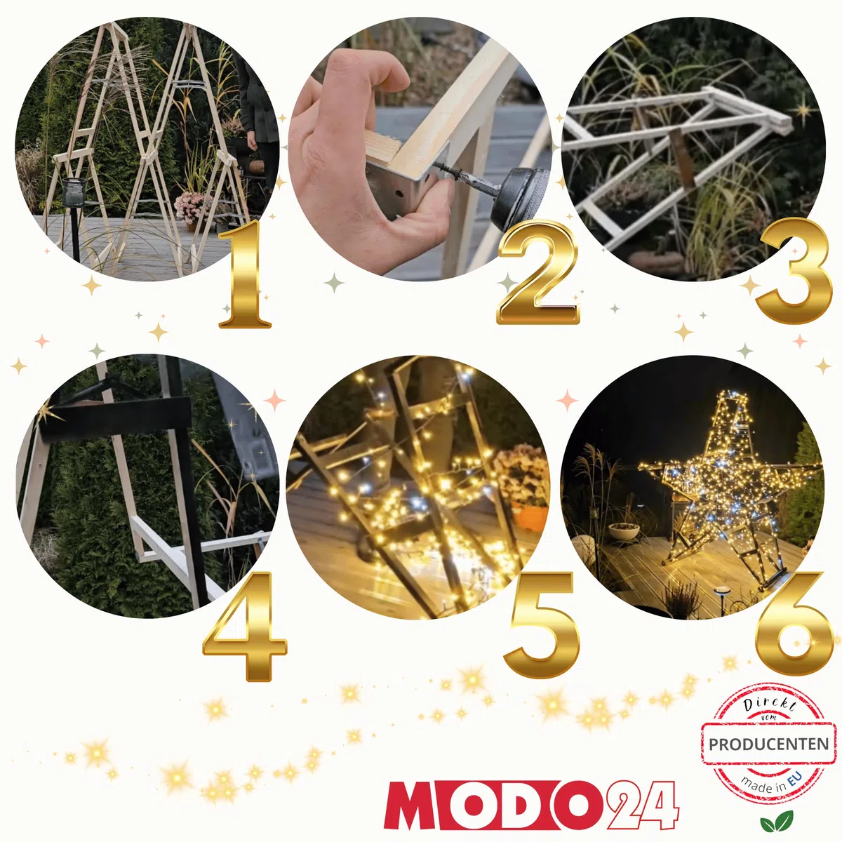 Sägebock Holzbock, Klappbock Arbeitsbock, 5er-Set inklusive Montageteile, DIY Stern, Weihnachtsstern SET, Tapezierbock Montagebock Unterstellbock, Sternabmessungen 180x180x73 cm, Schwarz
