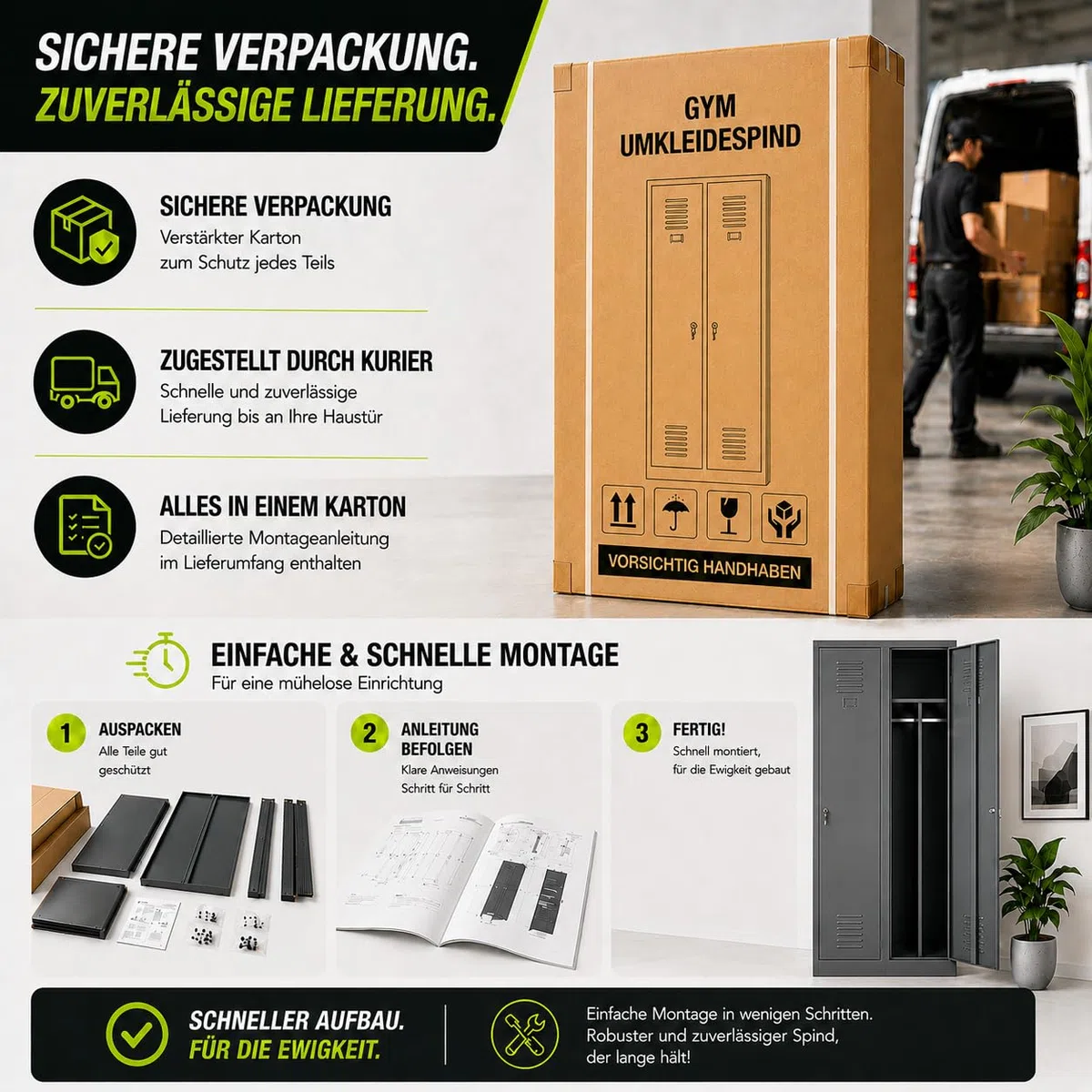 Muralo Spind Schrank mit 2 Abteilen, Abschließbar, Metall - Anthrazit