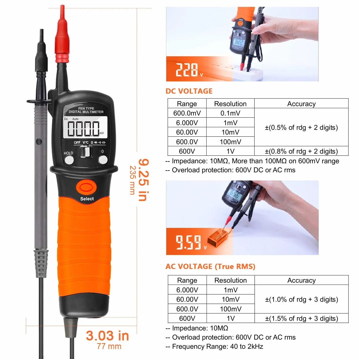Digital Pen Multimeter Durchgangsprüfer Multimeter Voltmeter, AC/DC Multi Tester Spannung, Strom, Widerstand, Durchgangsprüfung für Professionelle Anwender-AP-38B