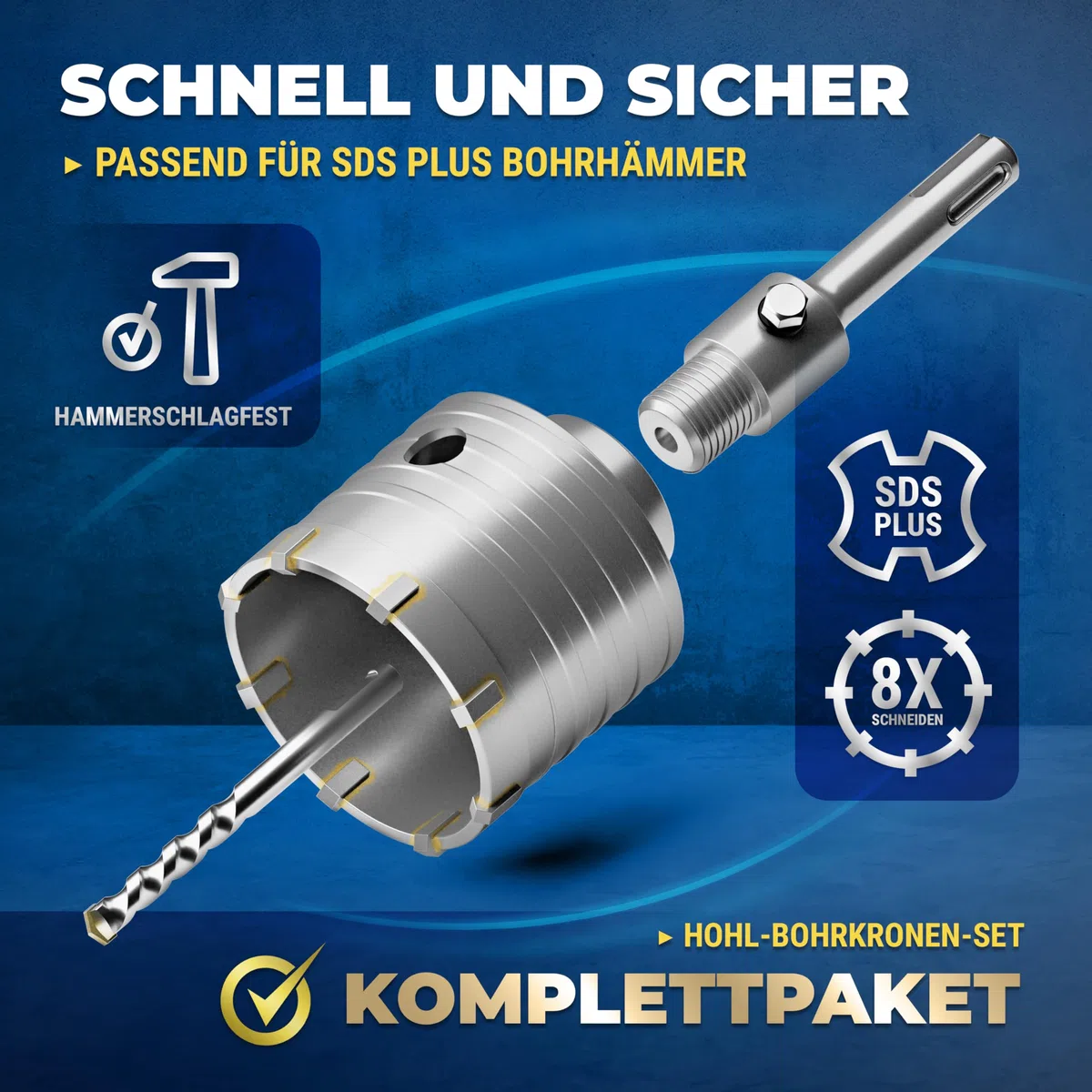 S&R Hohl-Bohrkrone Set Ø 68mm mit SDS plus Adapter 110mm und Zentrierbohrer 8x110mm, Steckdosen Bohrkrone 68mm, Hammerschlagfest, Dosenbohrer, Lochsäge, Steckdosenbohrer, für Bohrhämmer