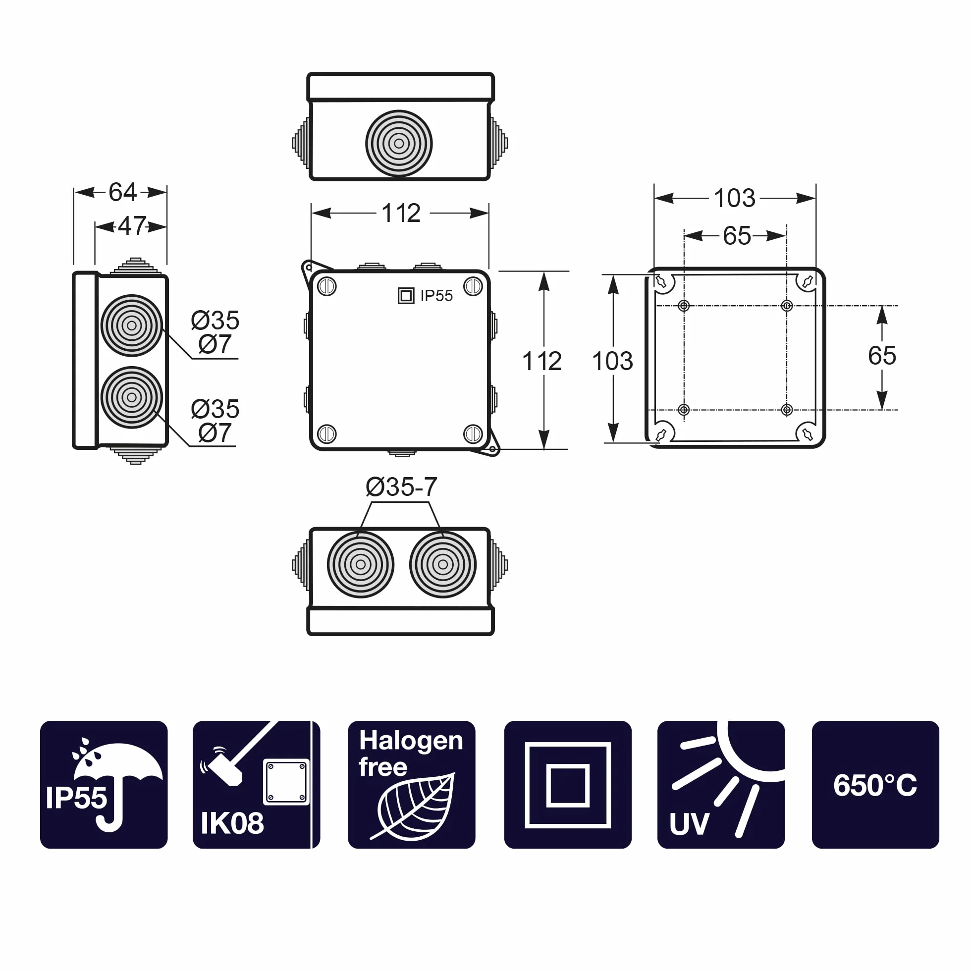 FAMATEL – Packung mit 6 wasserdichte Abzweigdose IP55 (3011) | Halogenfrei | Hohe Schlagfestigkeit | Schrauben 1/4 Drehung | Einfache Montage | Metrischer Kegel | 112x112x64 | Grau