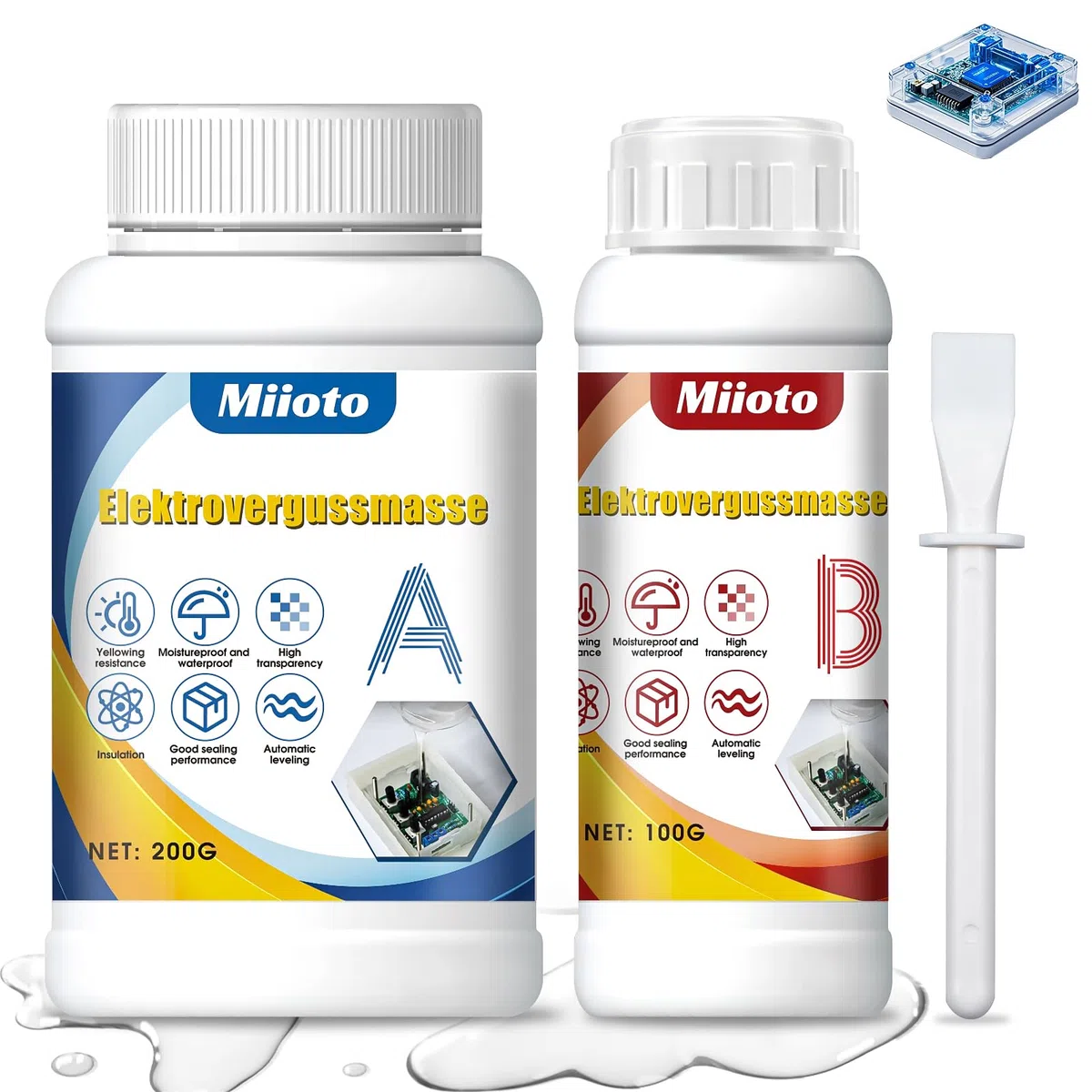 Miioto Vergussmasse Elektronik, Elektrovergussmasse Transparentes 300g A+B, Elektronik Dichtmasse Wasserdicht für Abzweigdosen, Platinen, Leiterplatten und Steuerplatinen für Haushaltsgeräte