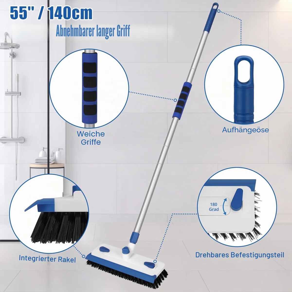 Qaestfy Schrubber mit Stiel Fugenbürste Abzieher Boden 3 in 1 Fugenreiniger Bad 140 cm Teleskop Waschbürste Fliesenreiniger für die Reinigung von Terrasse, Badezimmer, Garage, Küche, Wand