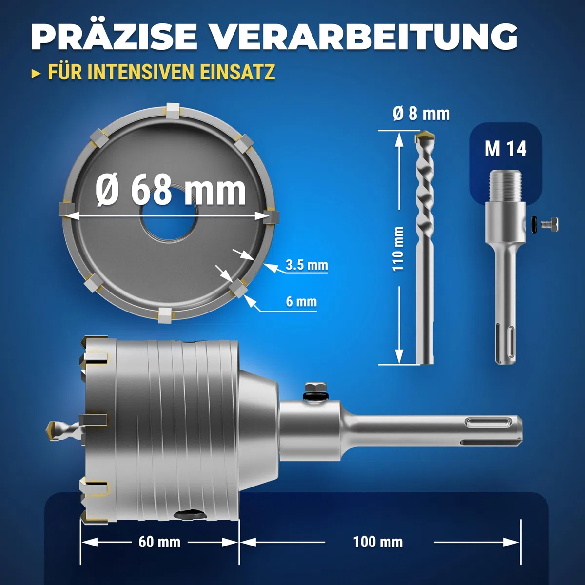 S&R Hohl-Bohrkrone Set Ø 68mm mit SDS plus Adapter 110mm und Zentrierbohrer 8x110mm, Steckdosen Bohrkrone 68mm, Hammerschlagfest, Dosenbohrer, Lochsäge, Steckdosenbohrer, für Bohrhämmer